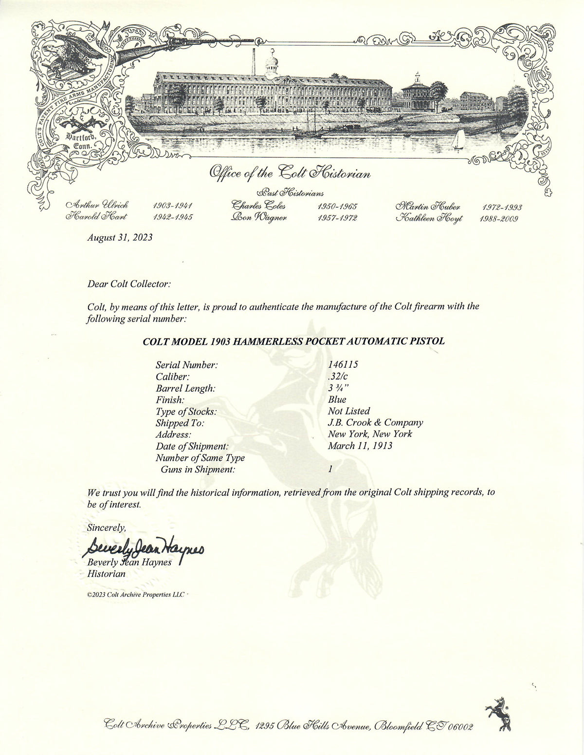 Colt 1903 Pocket Hammerless 32ACP SN:146115 MFG:1913