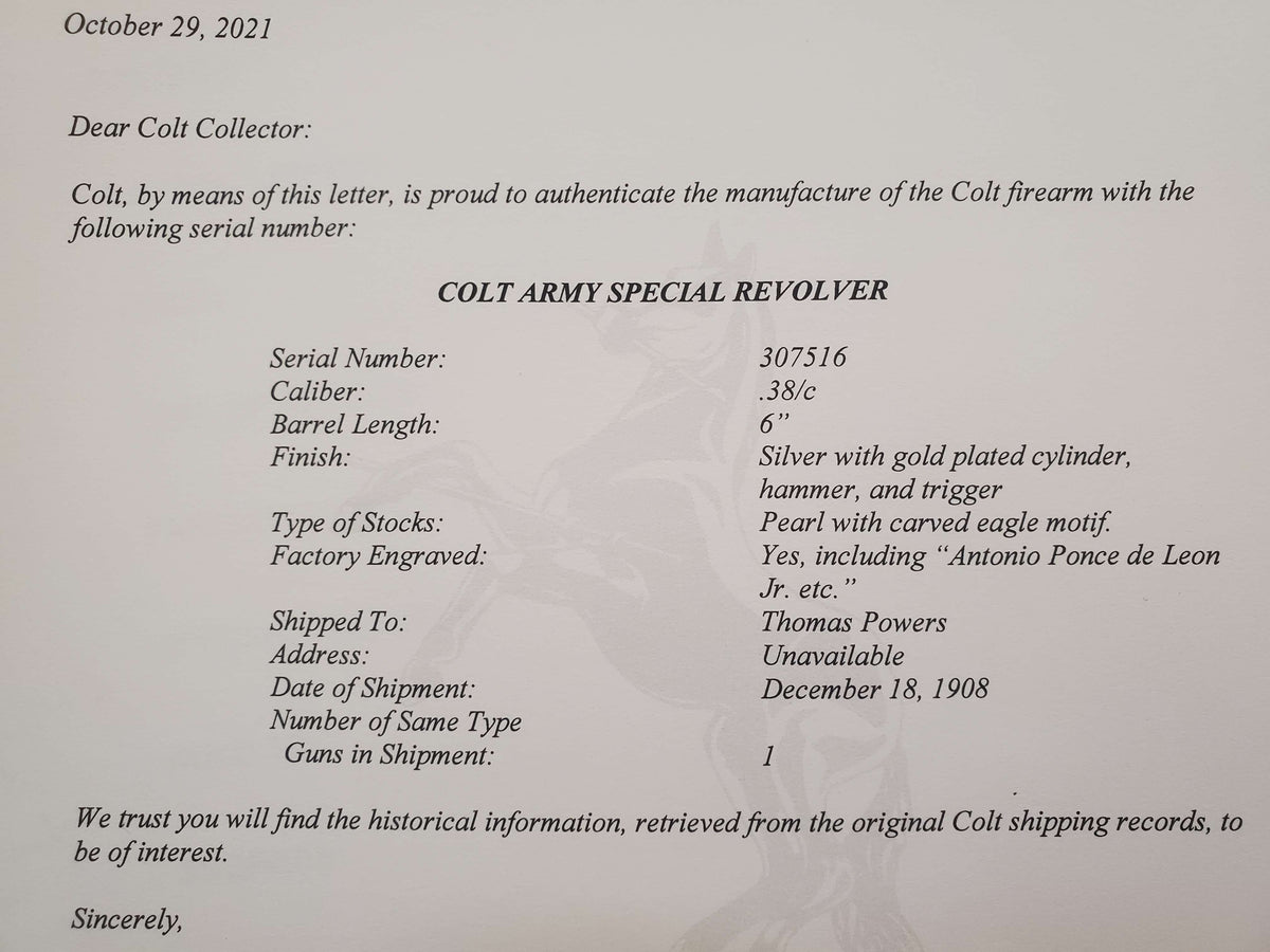 Colt Army Special 6&quot; 38 SN:307516 MFG:1908 - Factory Engraved