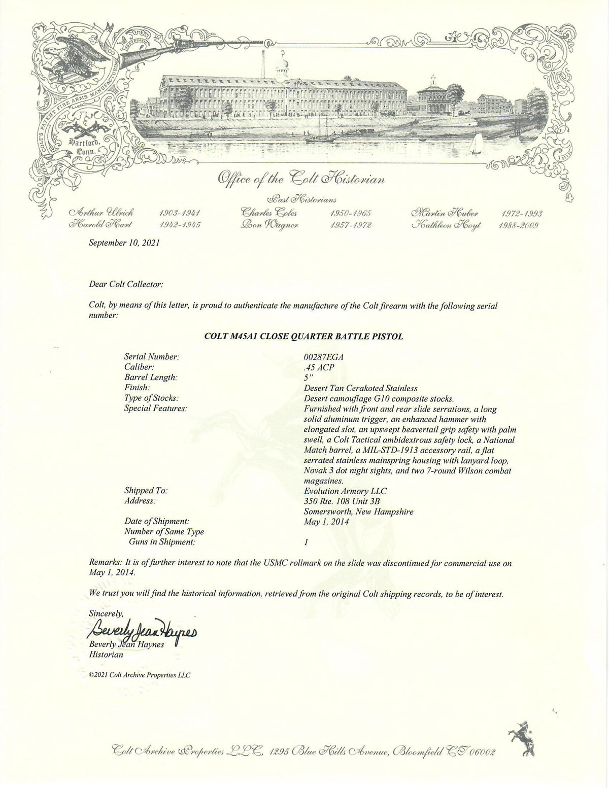 Colt M45A1 CQBP 45ACP SN:00287EGA MFG:2014
