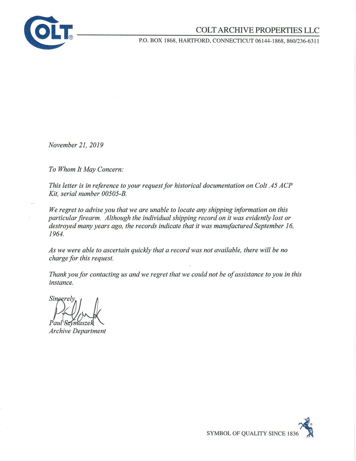 Colt 45ACP Kit Automatic Pistol SN:00505-B MFG:1964