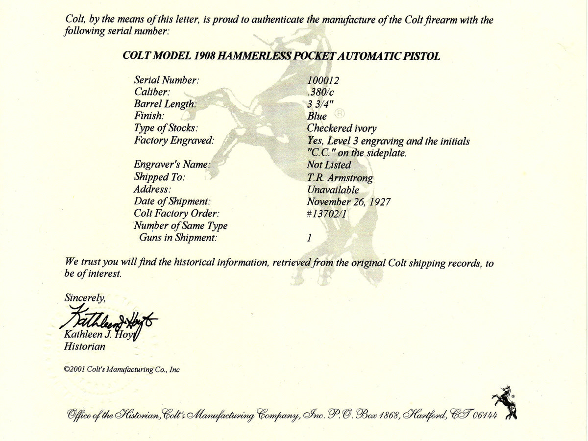 Colt 1908 Pocket Hammerless 380ACP SN:100012 MFG:1927 Factory Engraved