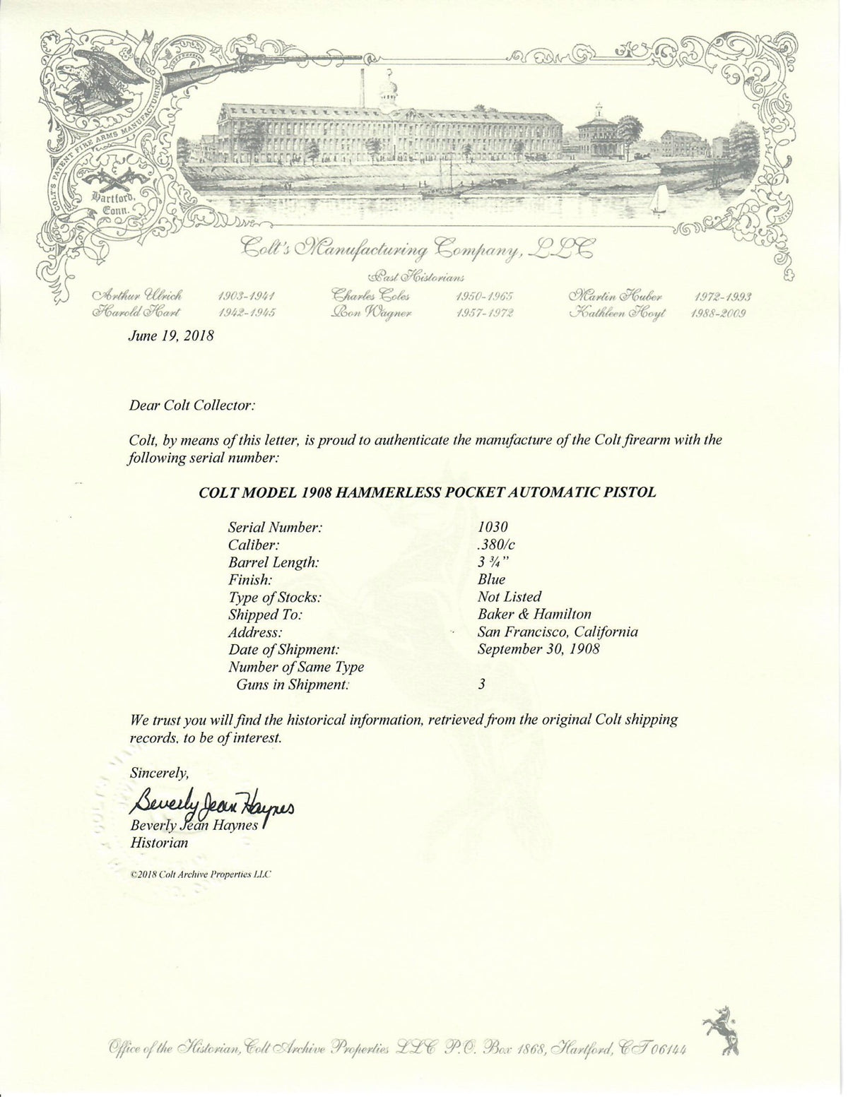 Colt 1908 Pocket Hammerless 380ACP SN:1030 MFG:1908