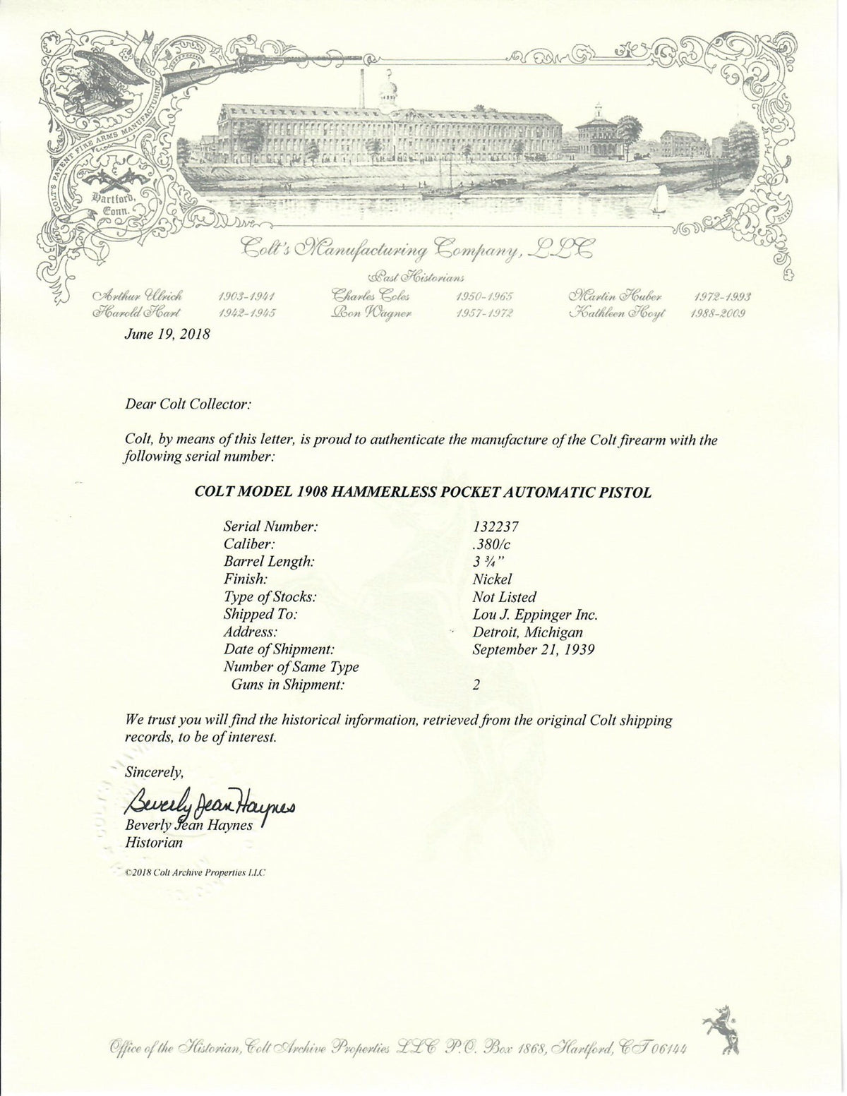 Colt 1908 Pocket Hammerless 380ACP SN:132237 MFG:1939