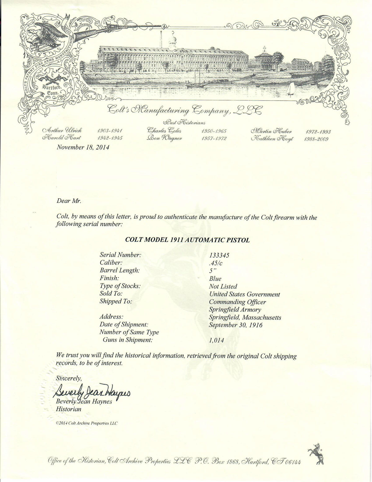 Colt M1911 45ACP SN:133345 MFG:1916