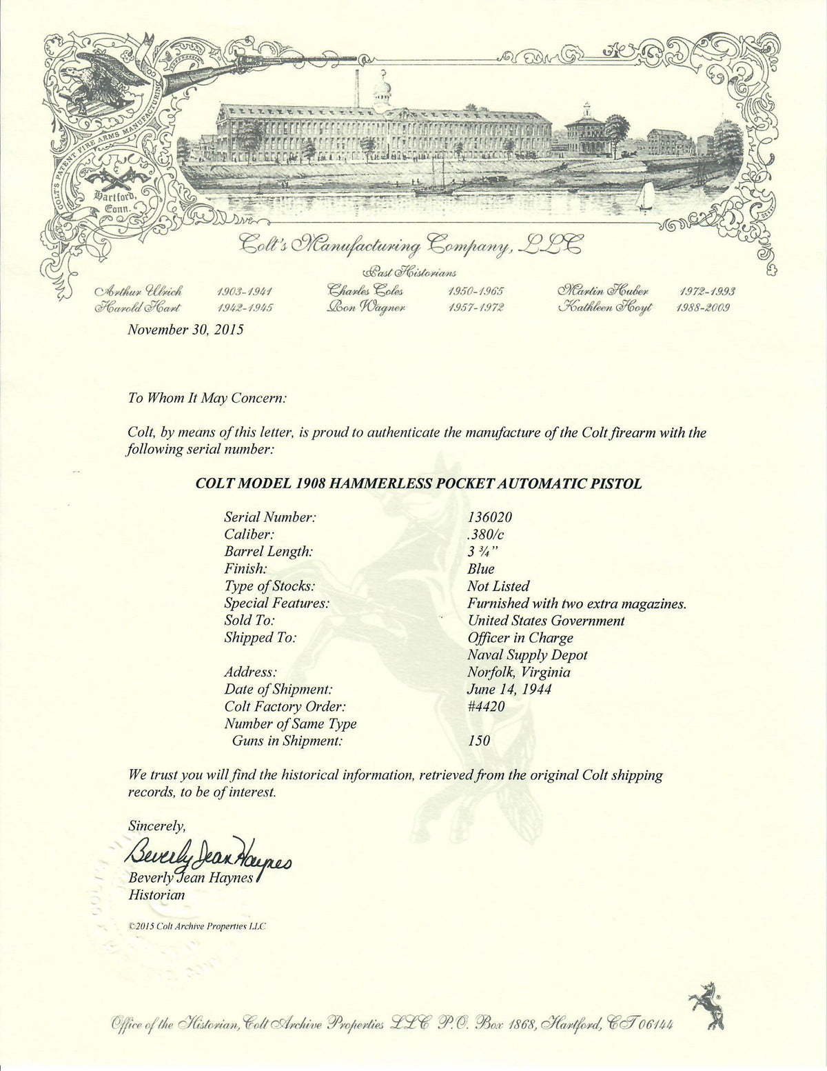 Colt 1908 Pocket Hammerless 380ACP SN:136020 MFG:1944 Navy Technical Mission - Double Header