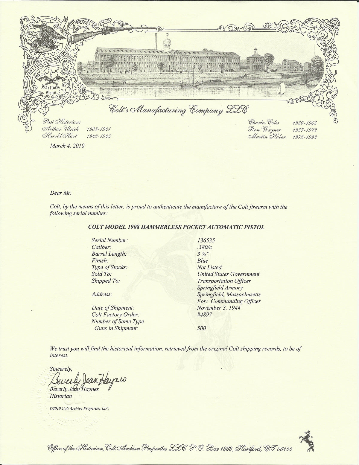 Colt 1908 Pocket Hammerless 380ACP SN:136535 MFG:1944