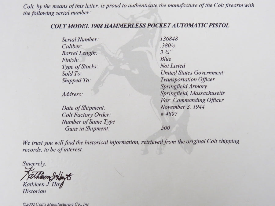 Colt 1908 Pocket Hammerless 380ACP SN:136848 MFG:1944 -General Wainwright