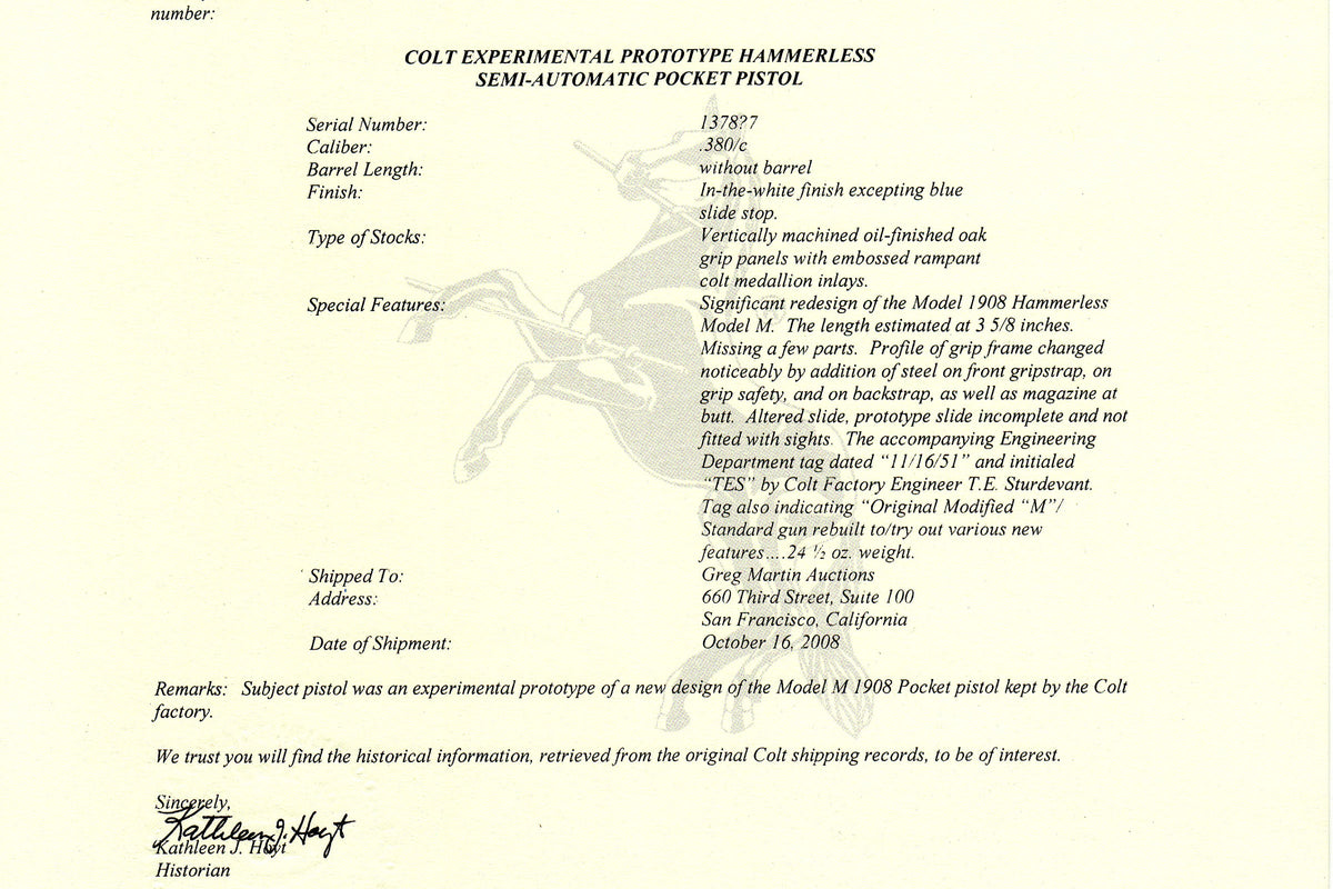 Colt Hammerless Experimental Prototype 380ACP SN:1378-7 MFG:1951