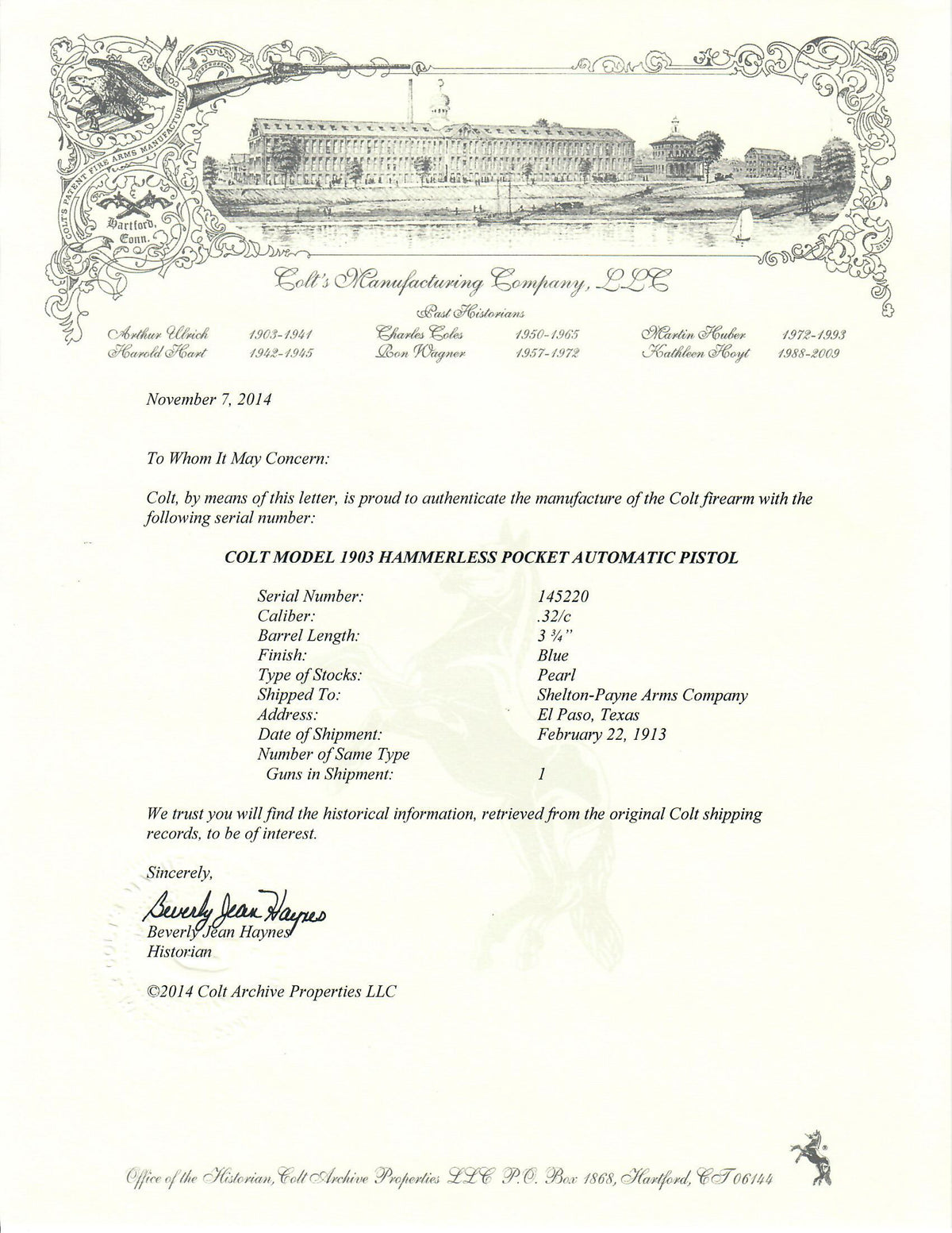 Colt 1903 Pocket Hammerless 32ACP SN:145220 MFG: 1913 - Border War