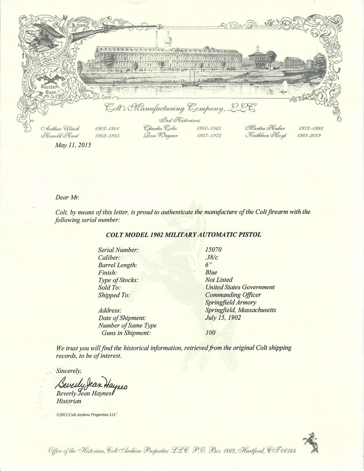 Colt 1902 Military 38 SN:15070 MFG:1902 - U.S. Property