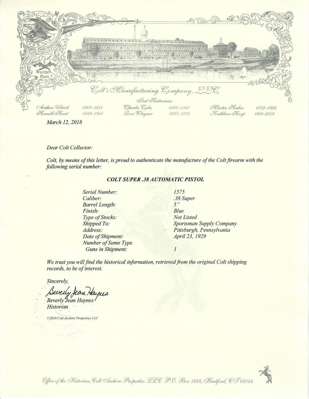 Colt .38 Super SN:1575 MFG:1929