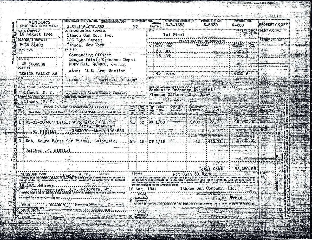 Ithaca M1911A1 45ACP SN:1863076 MFG:1944 CANADA