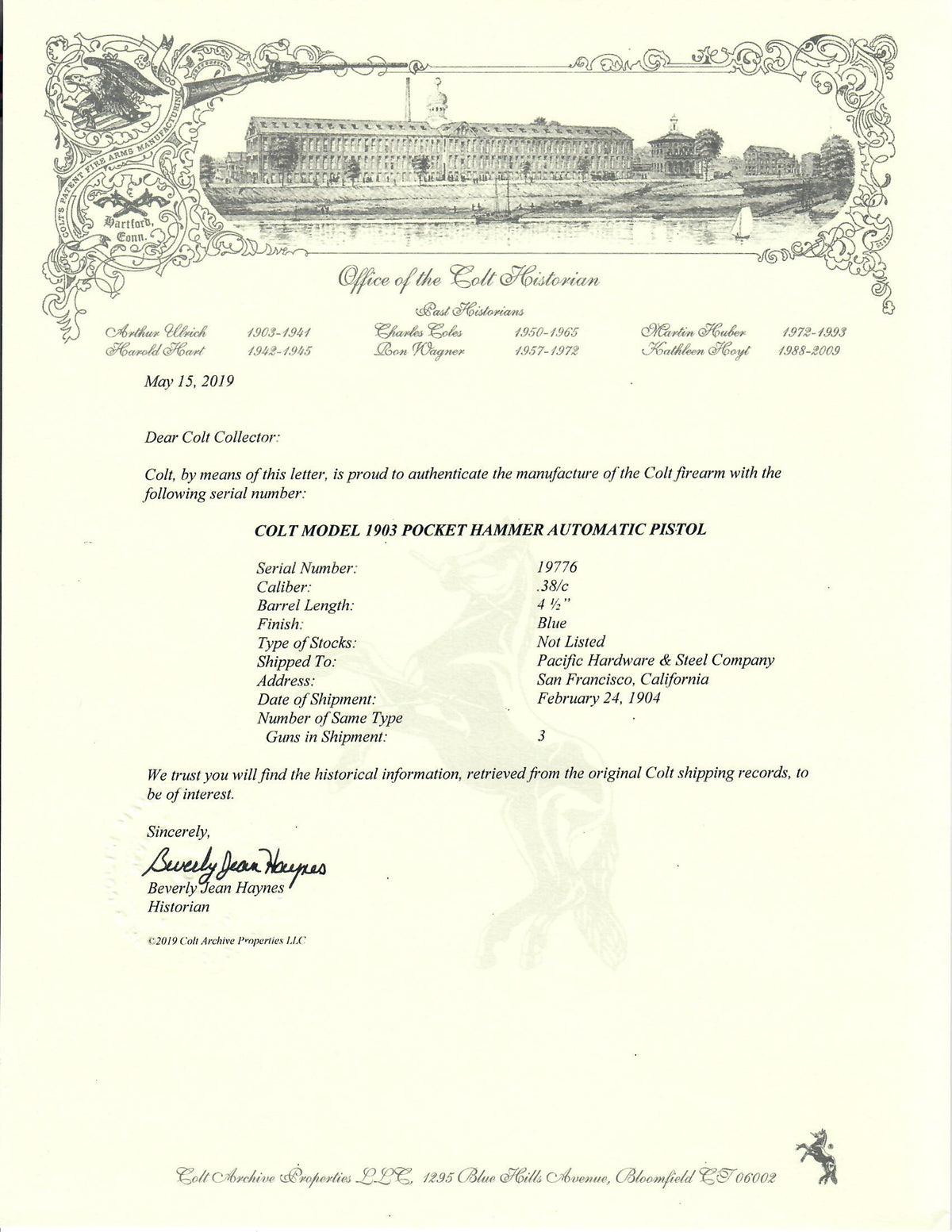 Colt 1903 Pocket Hammer 38ACP SN:19776 MFG:1904