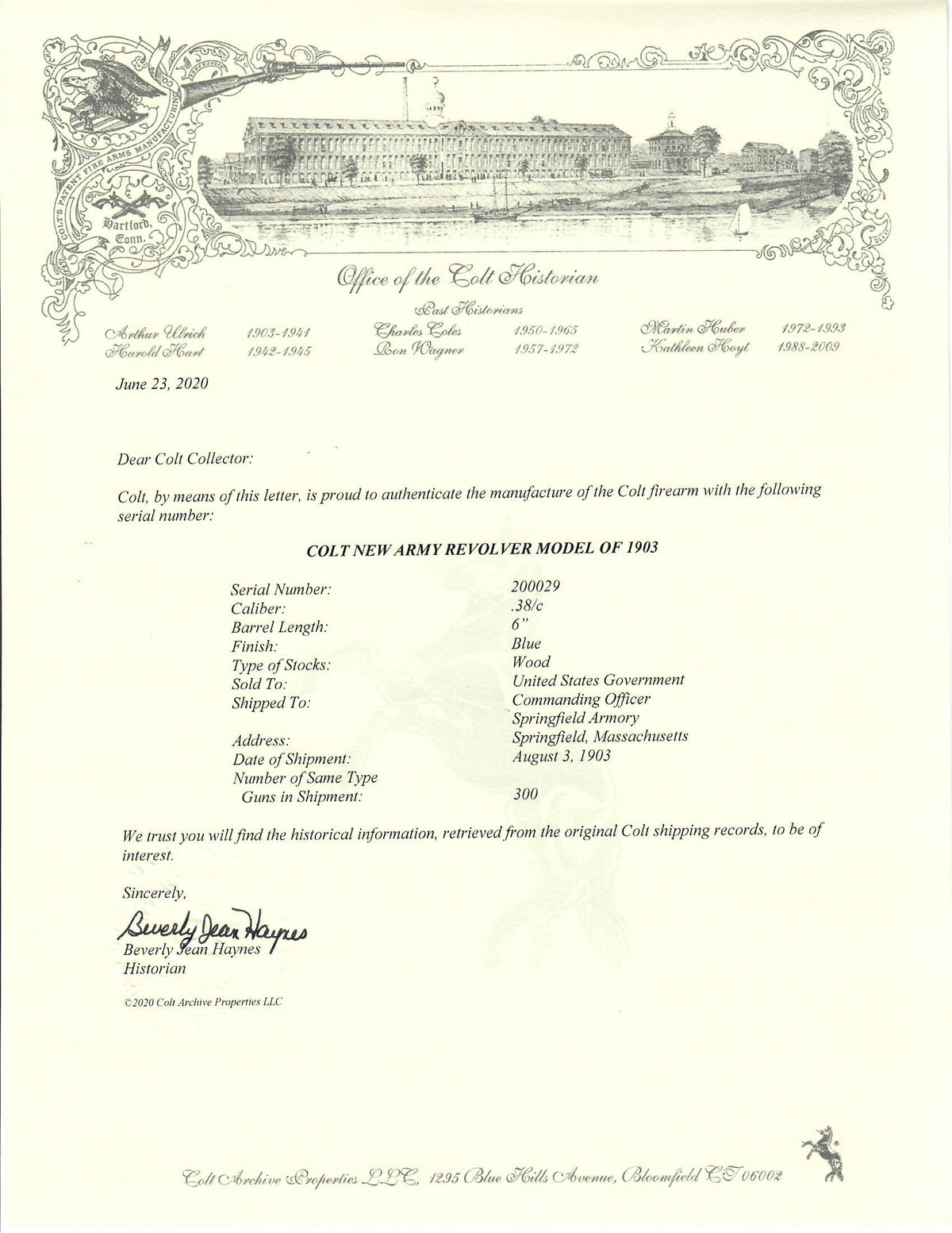 Colt New Army Model of 1903 38 Long Colt 6&quot; SN:200029 MFG:1903