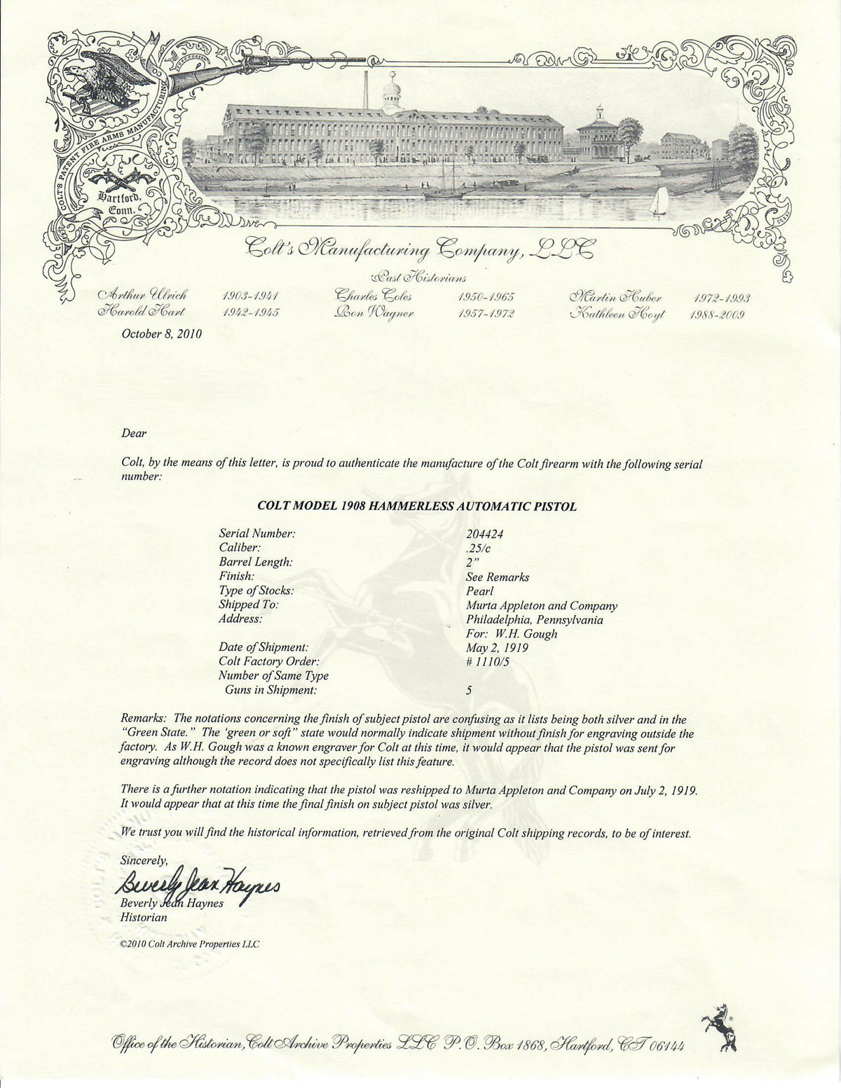 Colt 1908 Vest Pocket 25ACP SN:204424 MFG:1919 FACTORY ENGRAVED