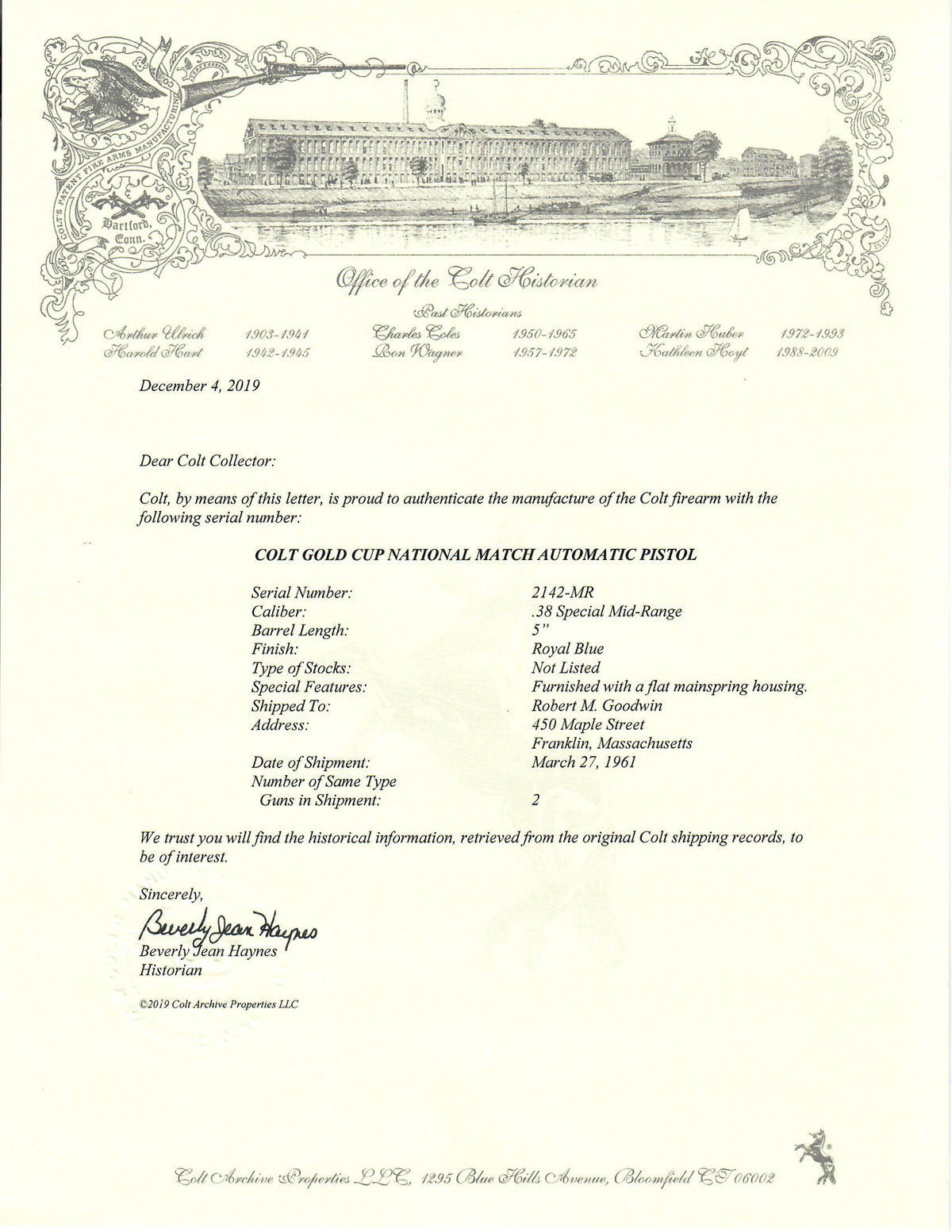 Colt Gold Cup National Match .38 Special Mid-Range SN:2142-MR MFG:1961