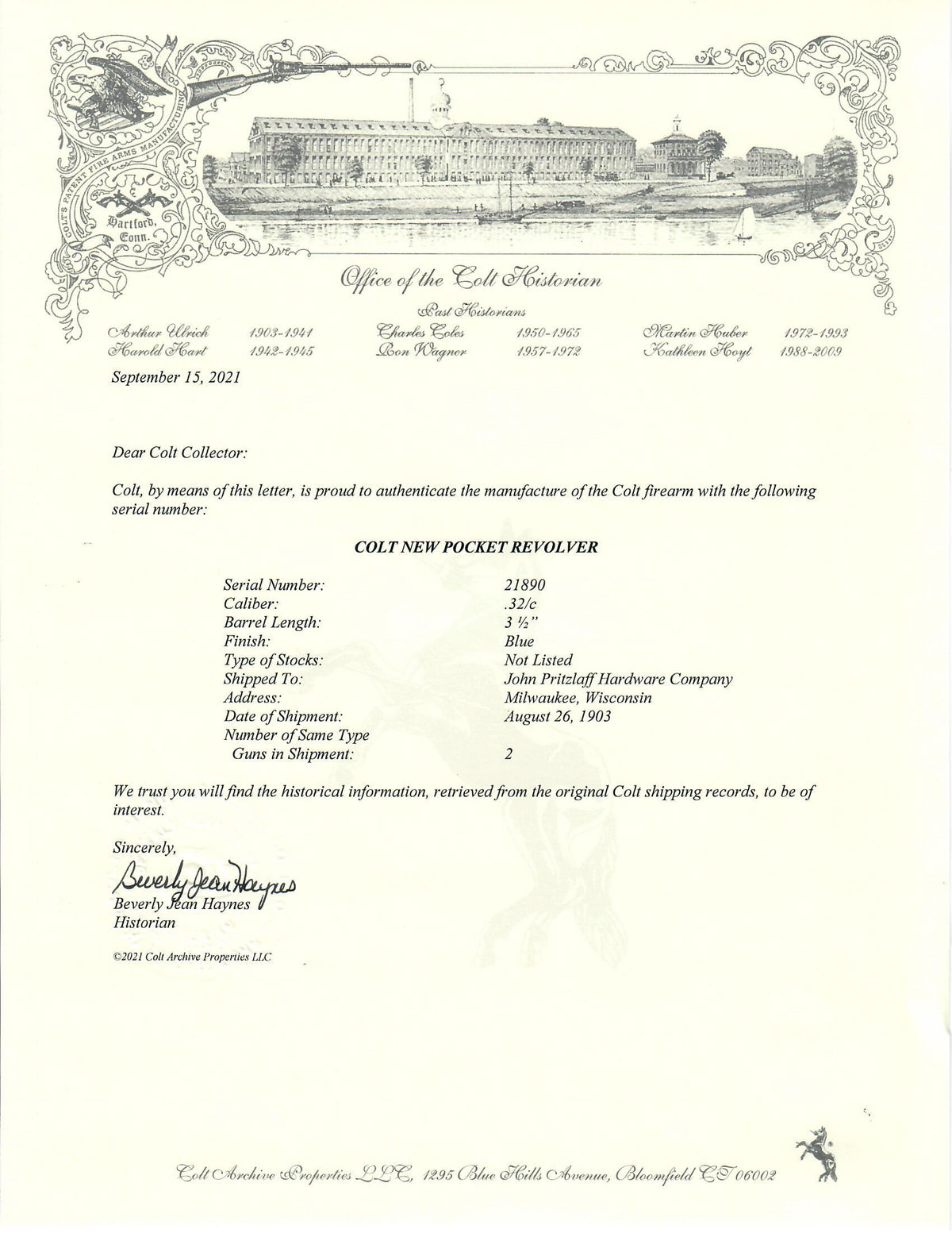 Colt New Pocket 3.5&quot; 32CTG SN:21890 MFG:1903