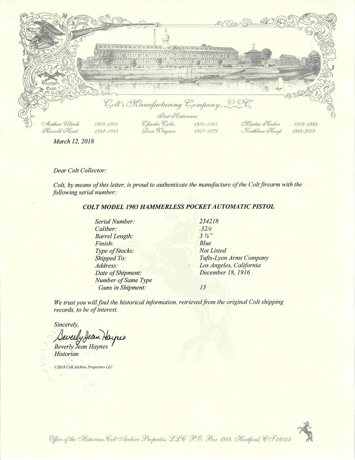 Colt 1903 Pocket Hammerless 32ACP SN:234218 MFG:1916 Belgian Overrun