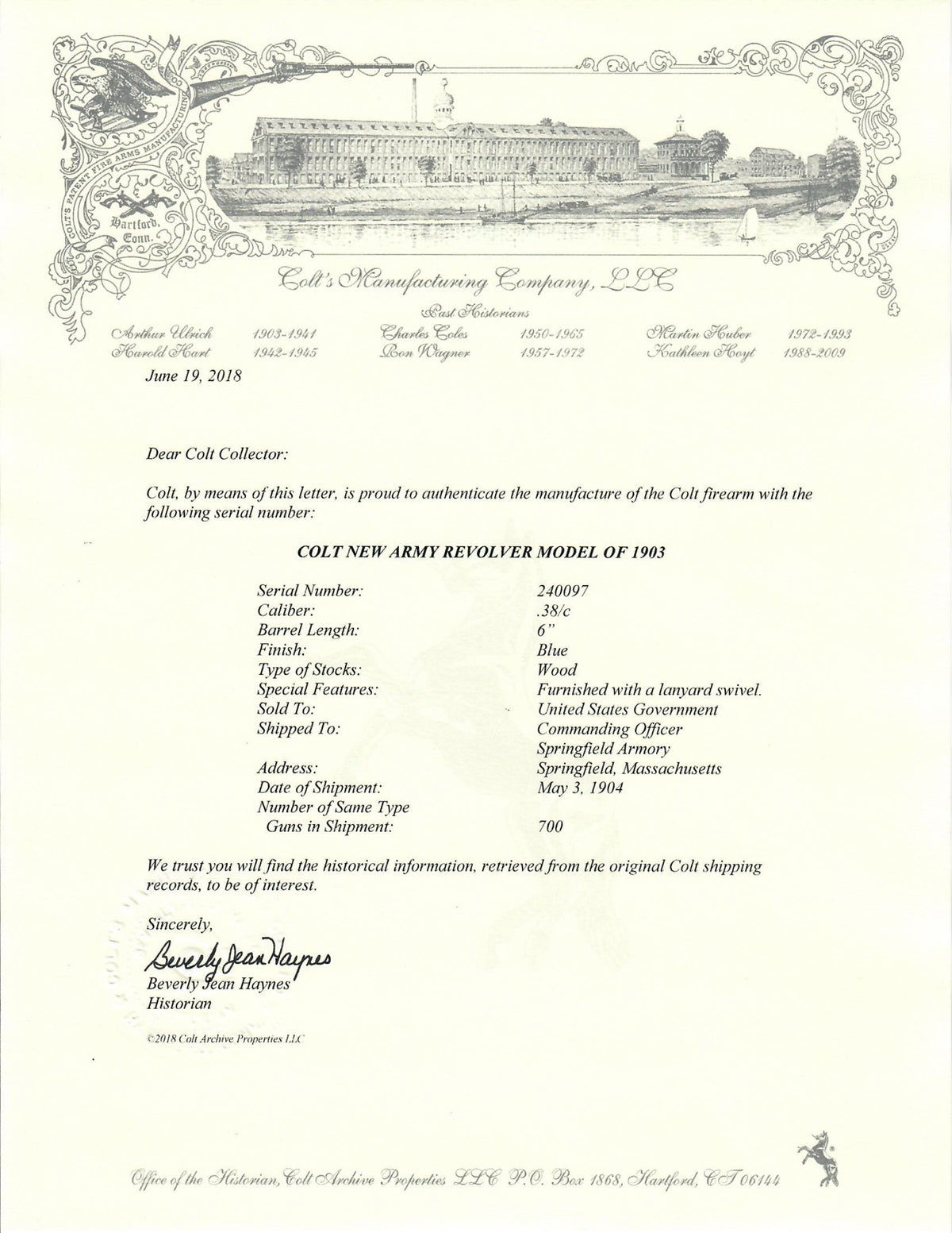 Colt New Army Model of 1903 38 Long Colt 6&quot; SN:240097 MFG:1904