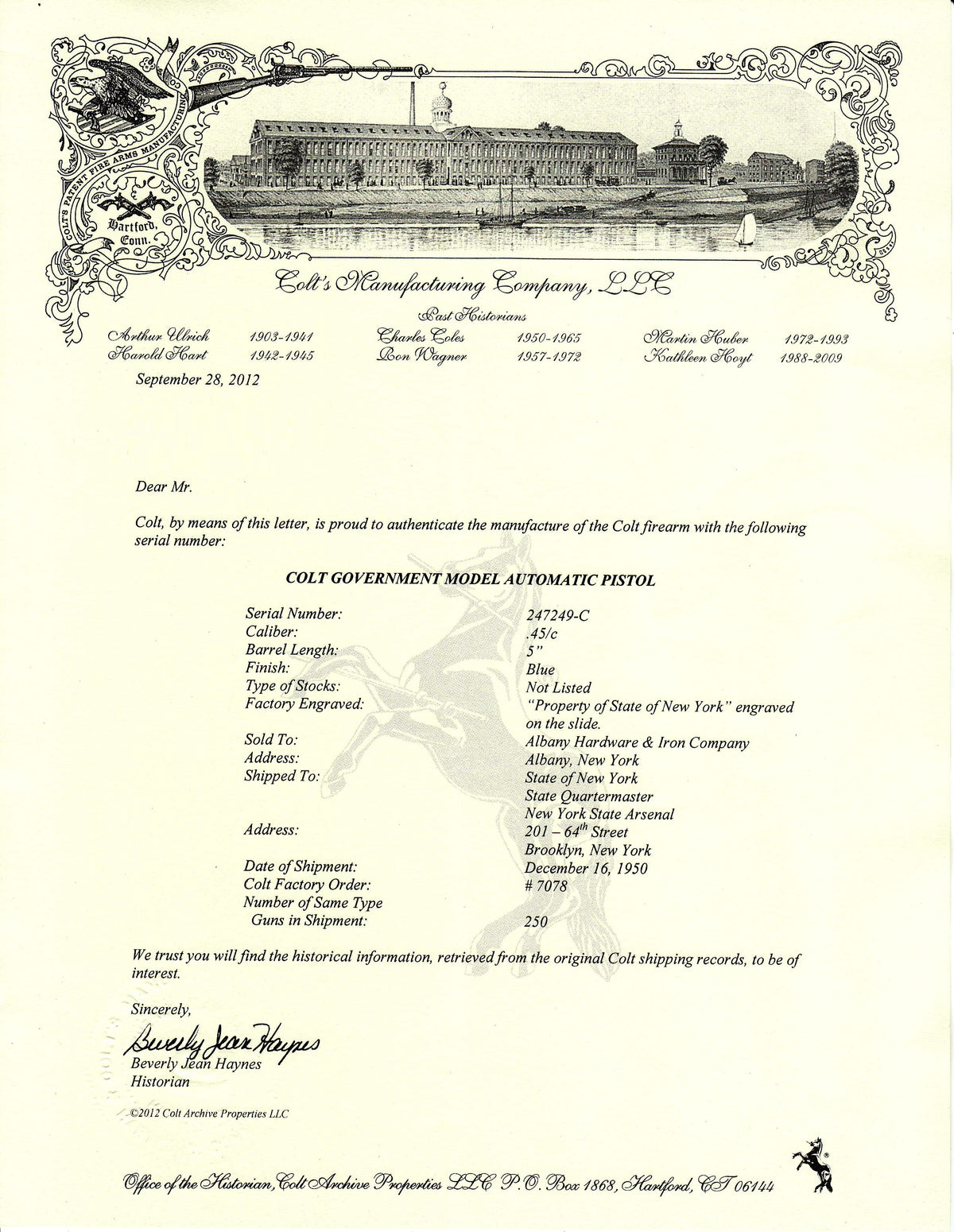 Colt Government Model 45ACP SN:247249-C MFG:1950 - Property of the State of New York