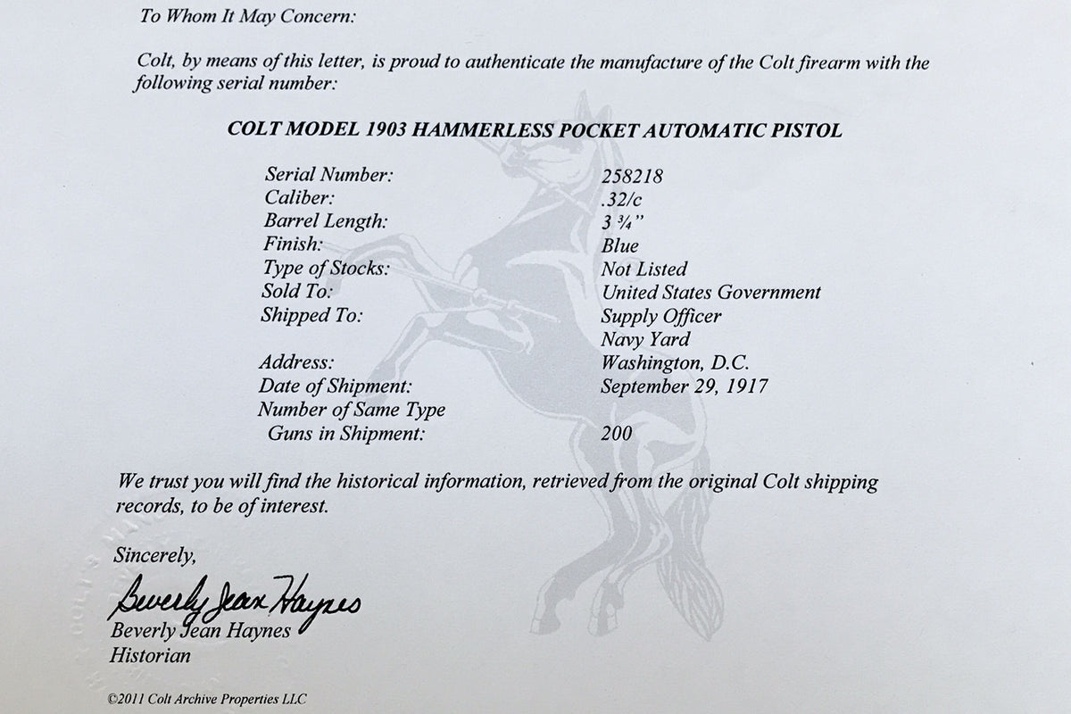 Colt 1903 Pocket Hammerless 32ACP SN:258218 MFG:1917 Navy
