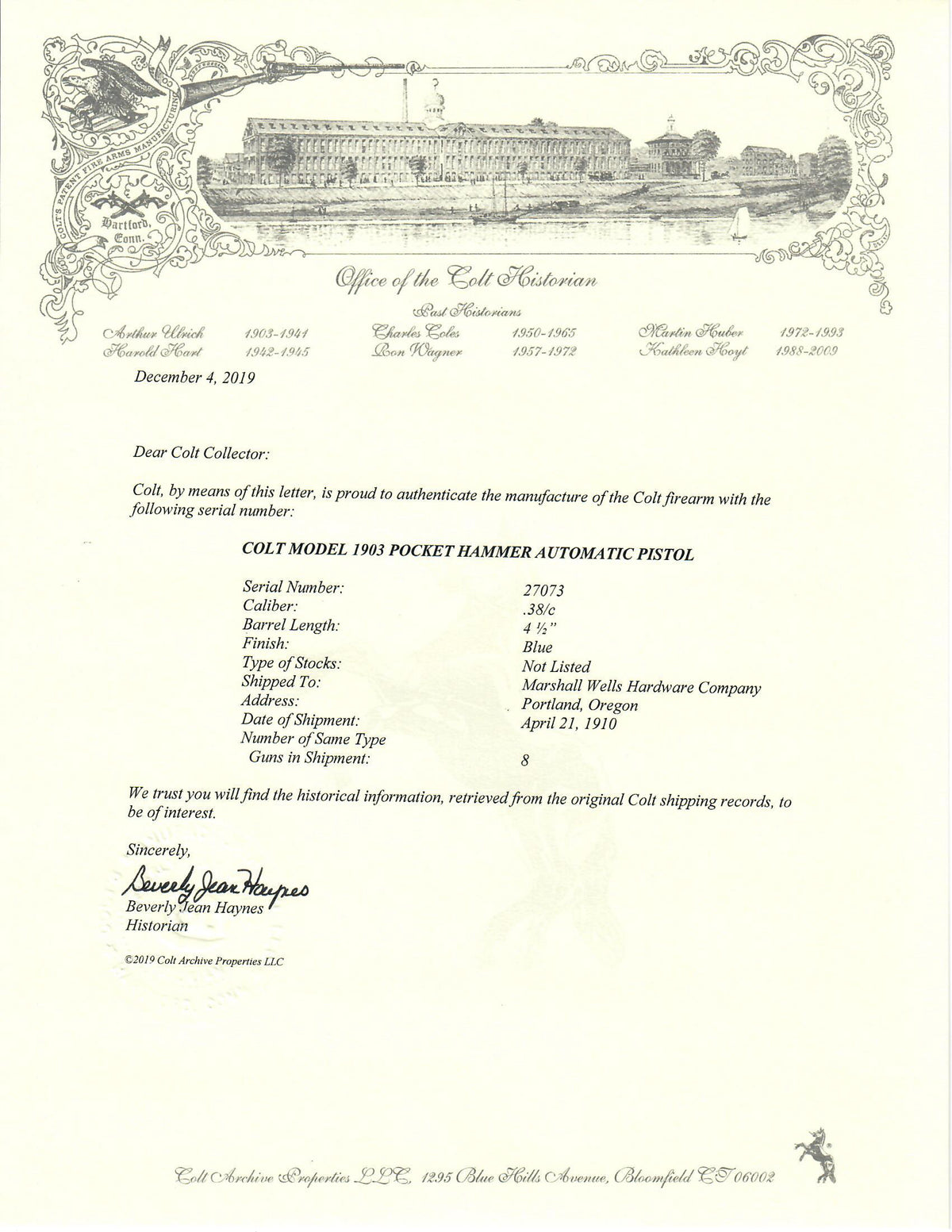 Colt 1903 Pocket Hammer 38ACP SN:27073 MFG:1910