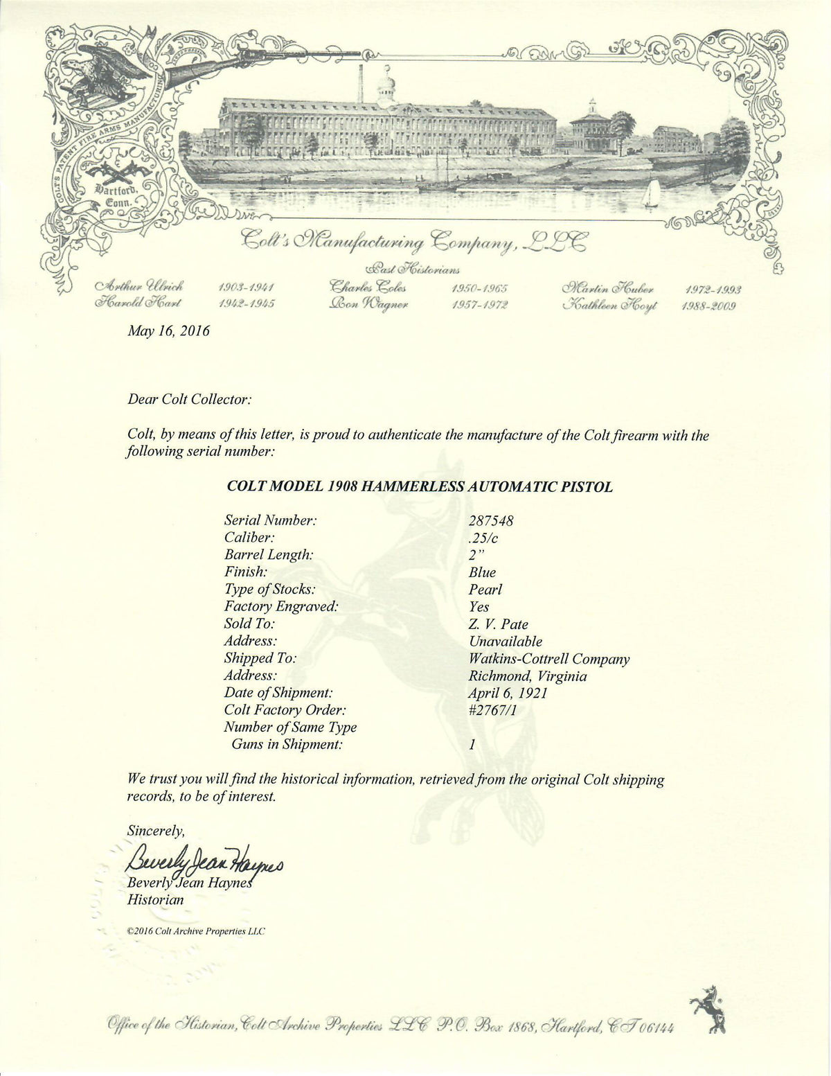 Colt 1908 Vest Pocket 25ACP SN:287548 MFG:1921 Factory Engraved