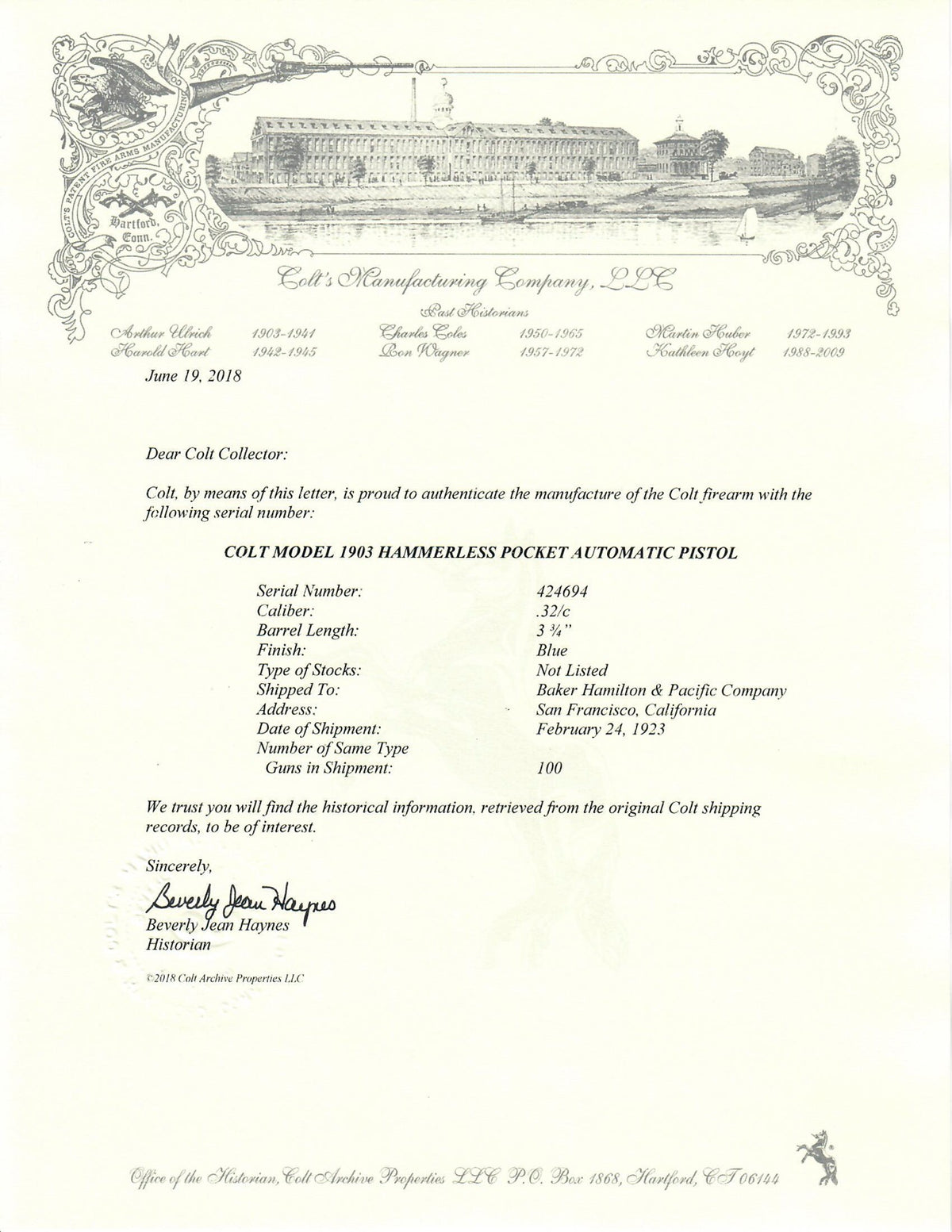 Colt 1903 Pocket Hammerless 32ACP SN:424694 MFG:1923