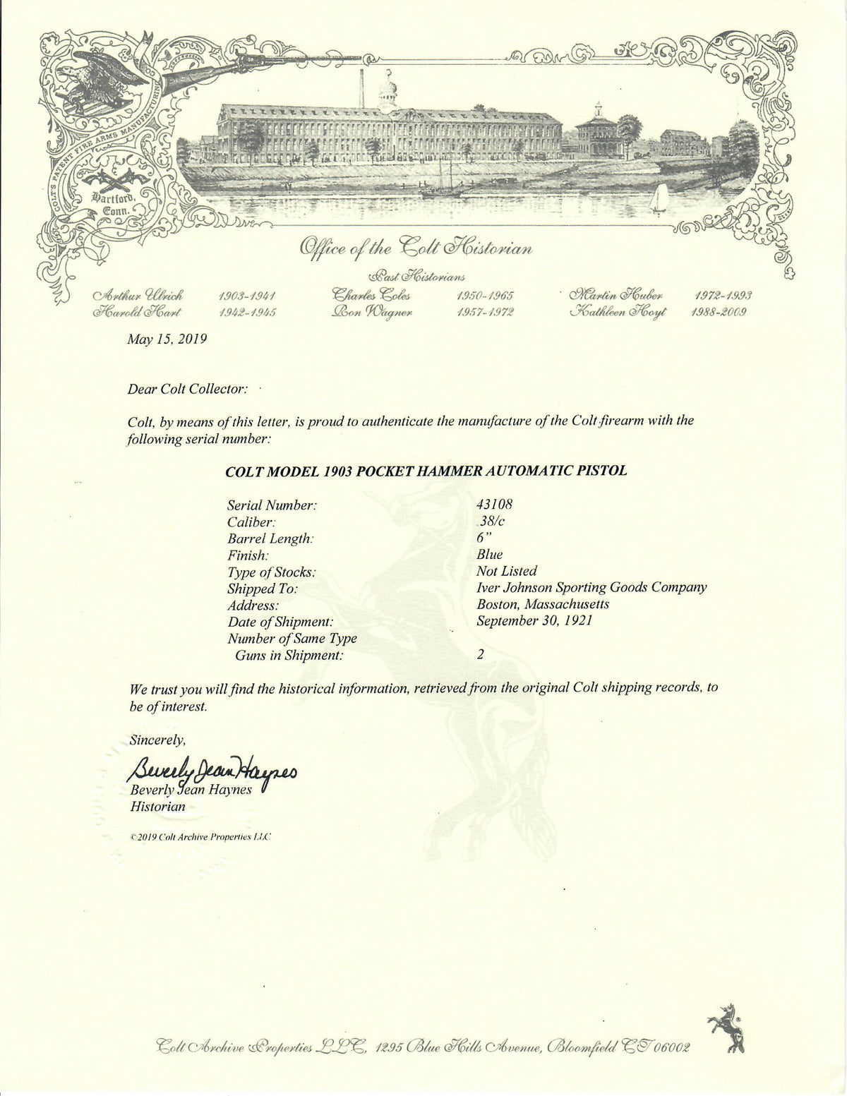 Colt 1903 Pocket Hammer 38ACP SN:43108 MFG:1921