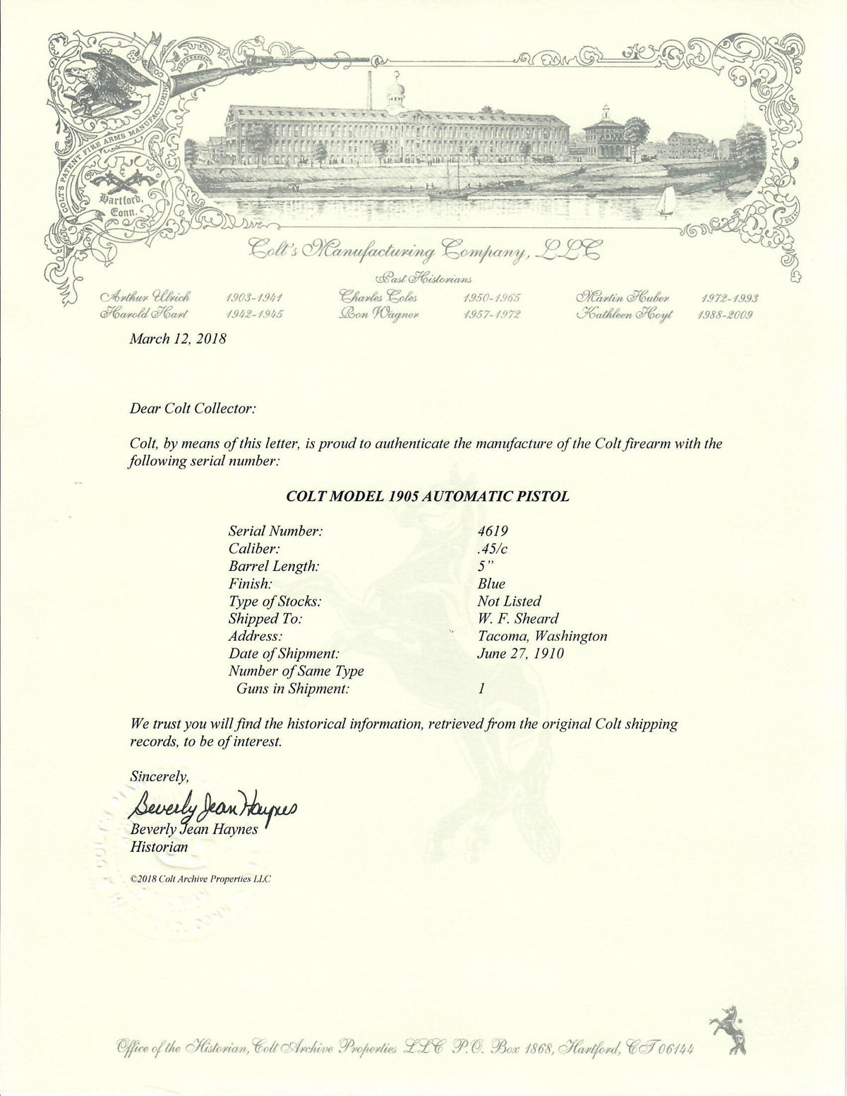 Colt Model 1905 45ACP SN:4619 MFG:1910