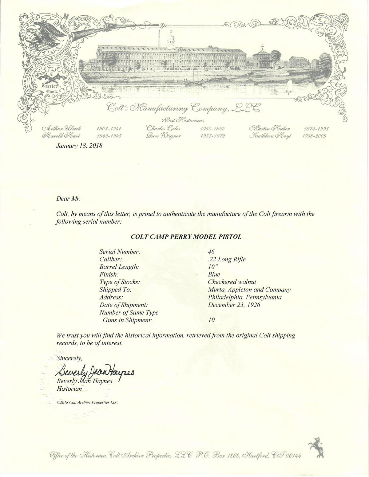 Colt Camp Perry Experimental 10&quot; SN:46 MFG:1926