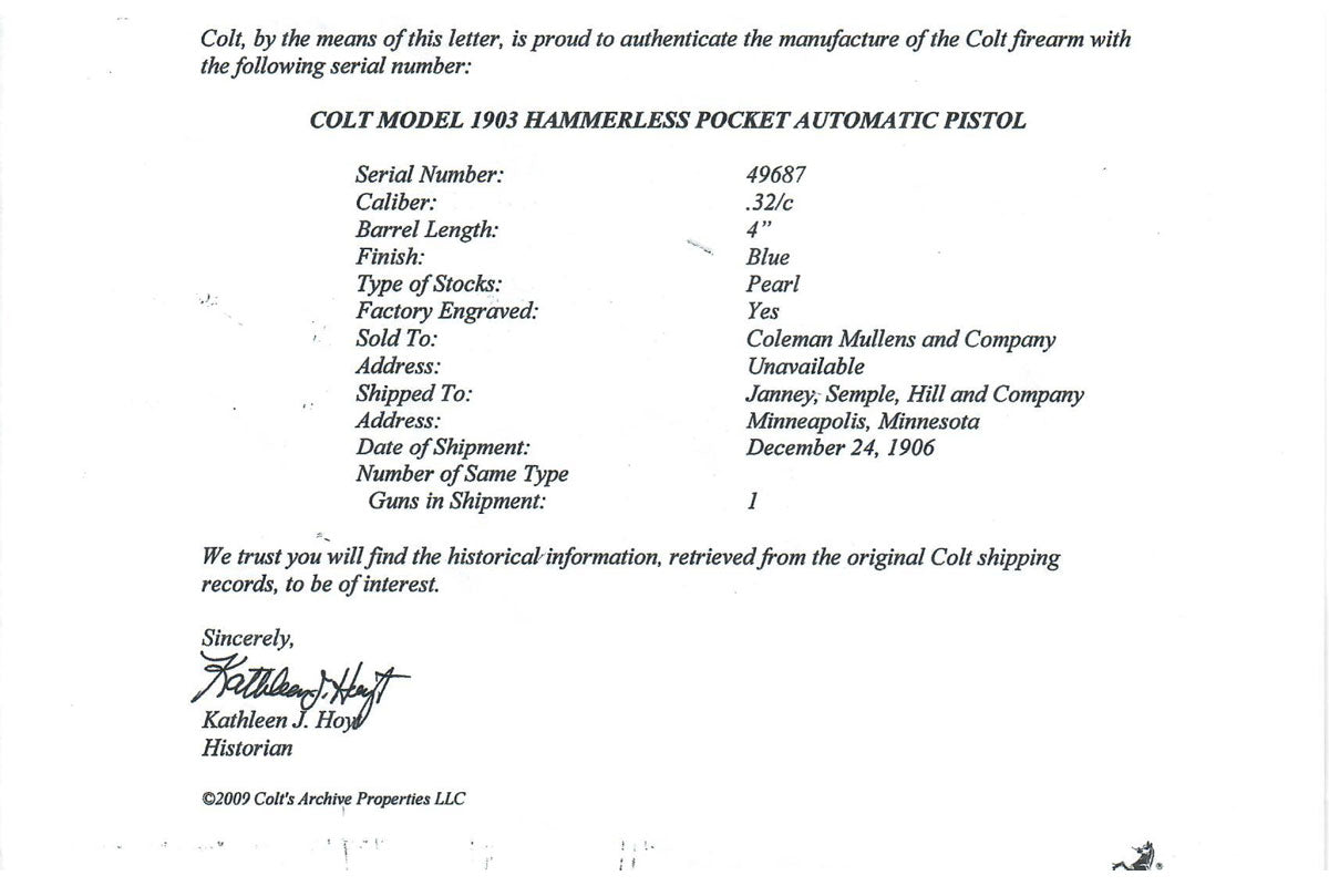 Colt 1903 Pocket Hammerless 32ACP SN:49687 MFG:1906 Factory Engraved