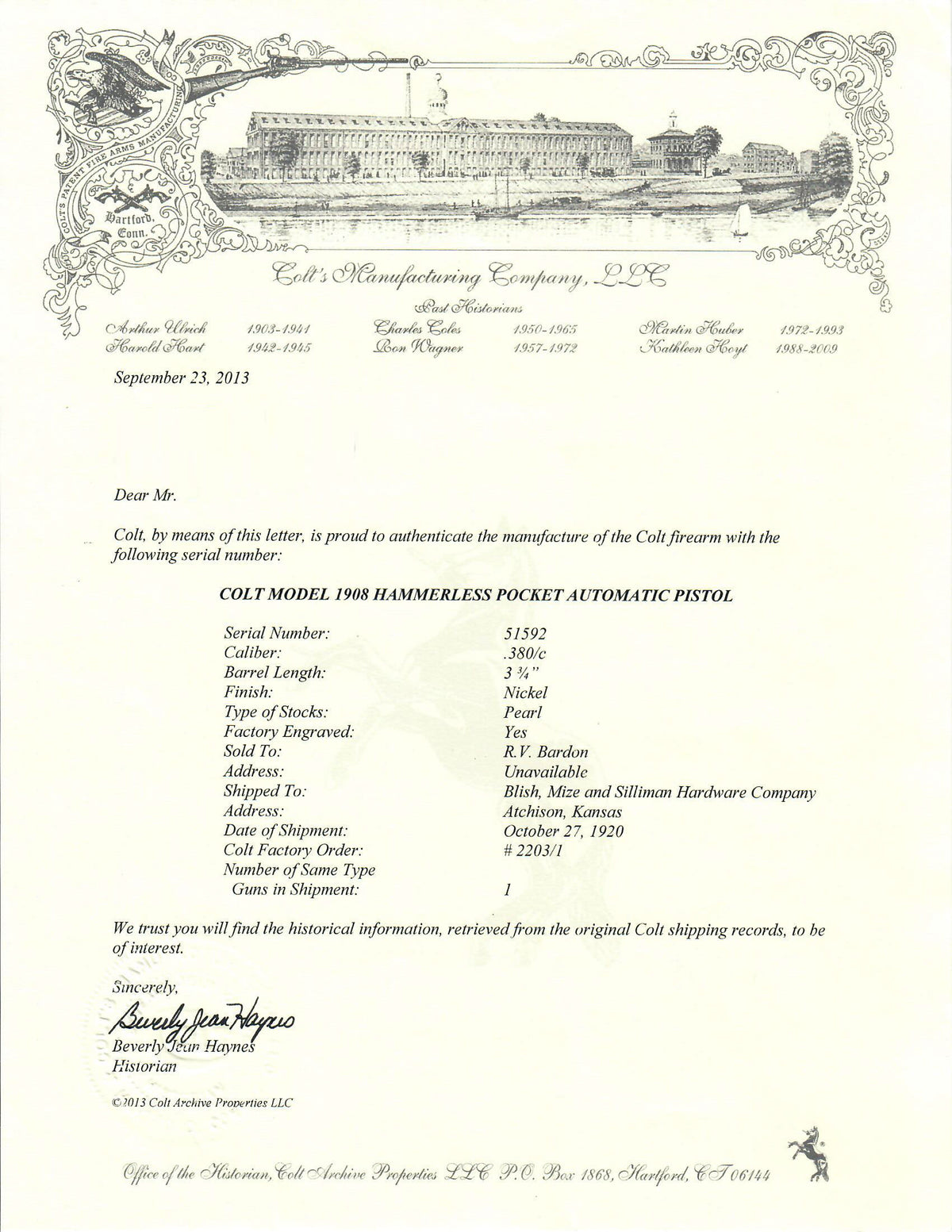 Colt 1908 Pocket Hammerless 380ACP SN:51592 MFG:1920 - Factory Engraved
