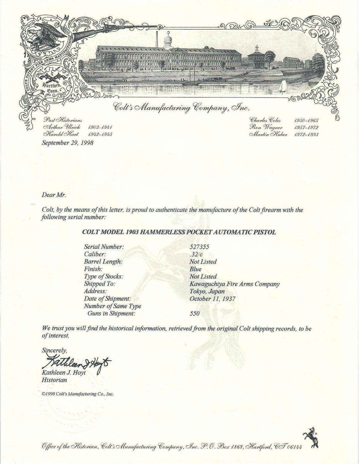 Colt 1903 Pocket Hammerless 32ACP SN:527355 MFG:1937 - Japanese Contract