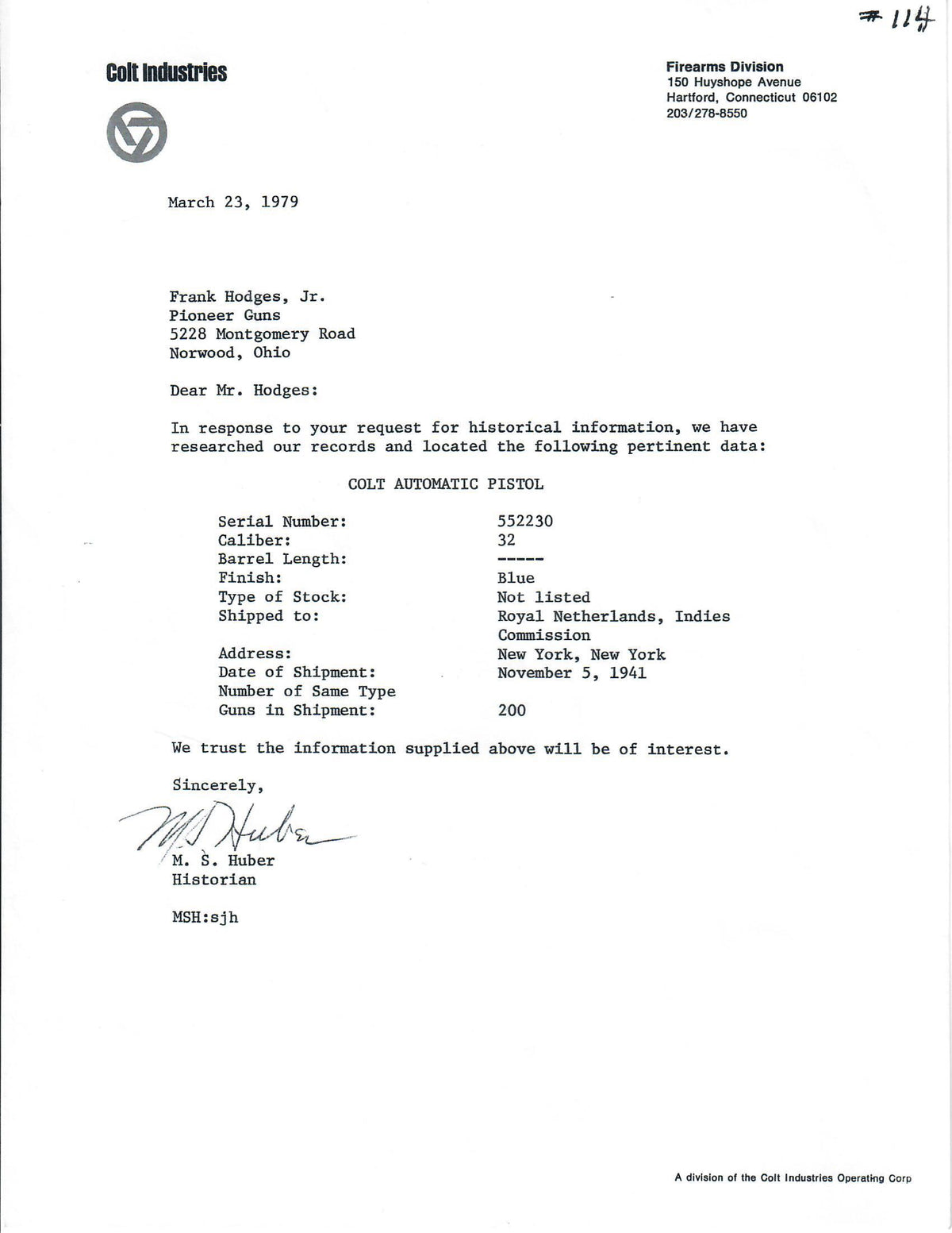 Colt 1903 Pocket Hammerless 32ACP SN:552230 MFG:1941 Dutch Contract