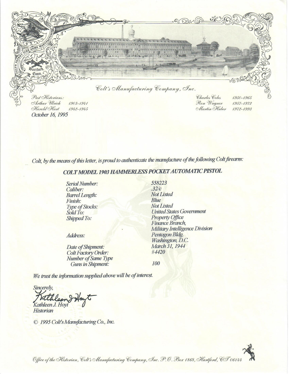 Colt 1903 Pocket Hammerless 32ACP SN:558223 MFG:1944 - MIS