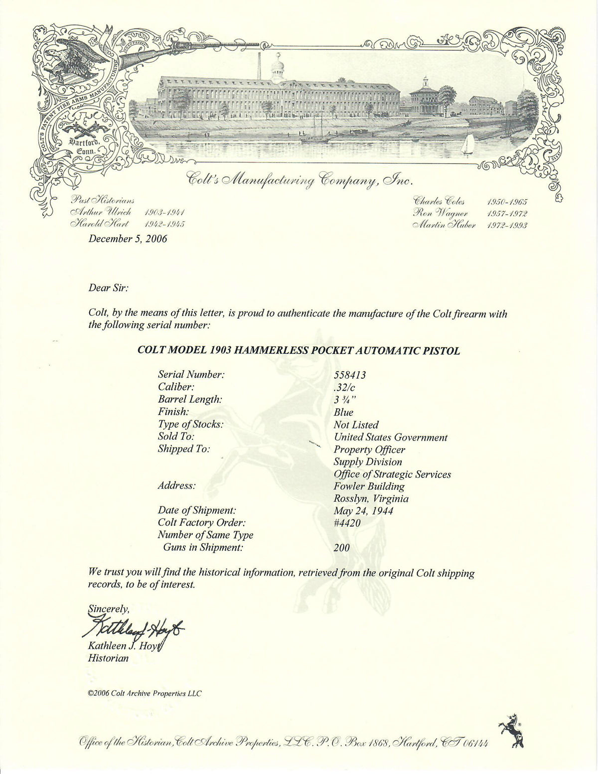 Colt 1903 Pocket Hammerless 32ACP SN:558413 MFG:1944 OSS
