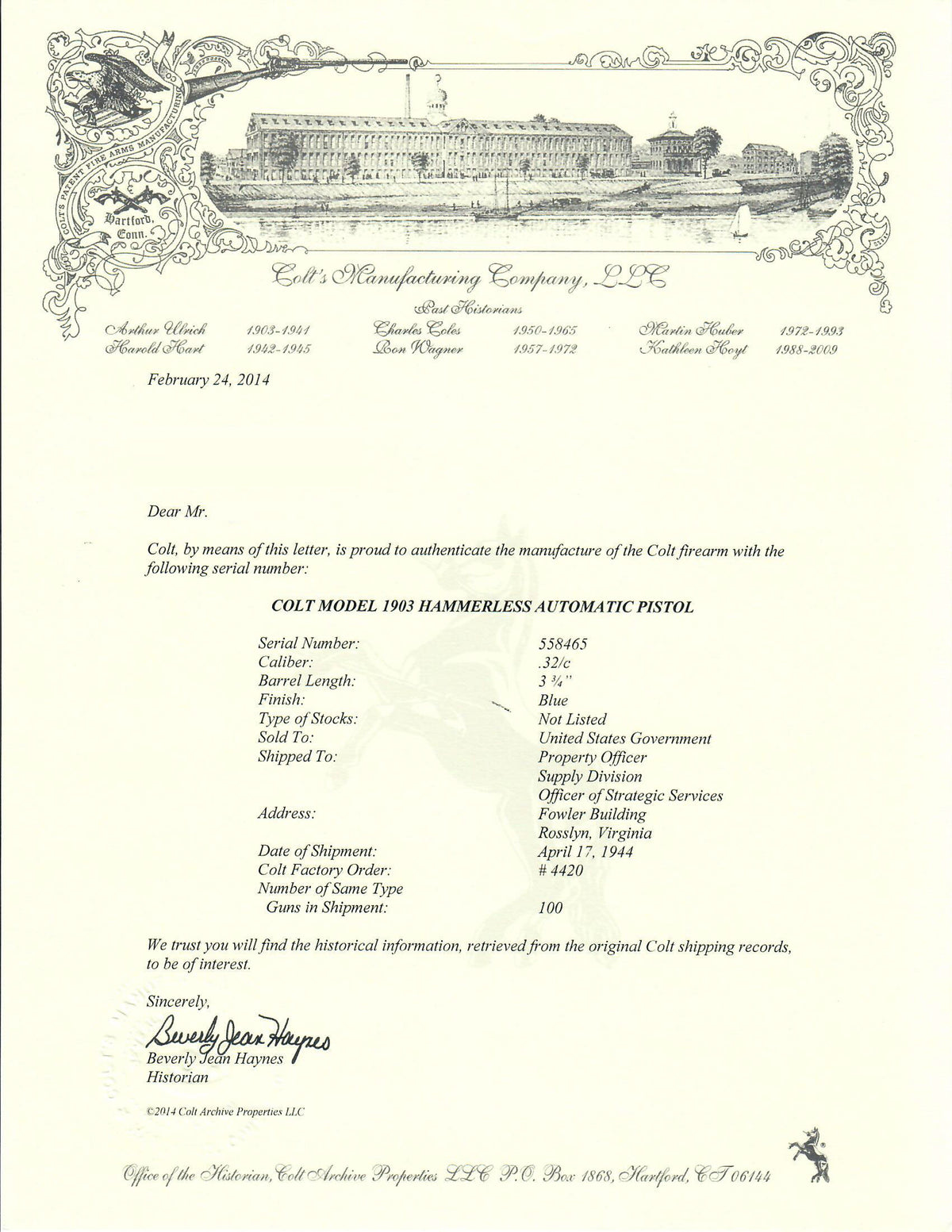 Colt 1903 Pocket Hammerless 32ACP SN:558465 MFG:1944 OSS