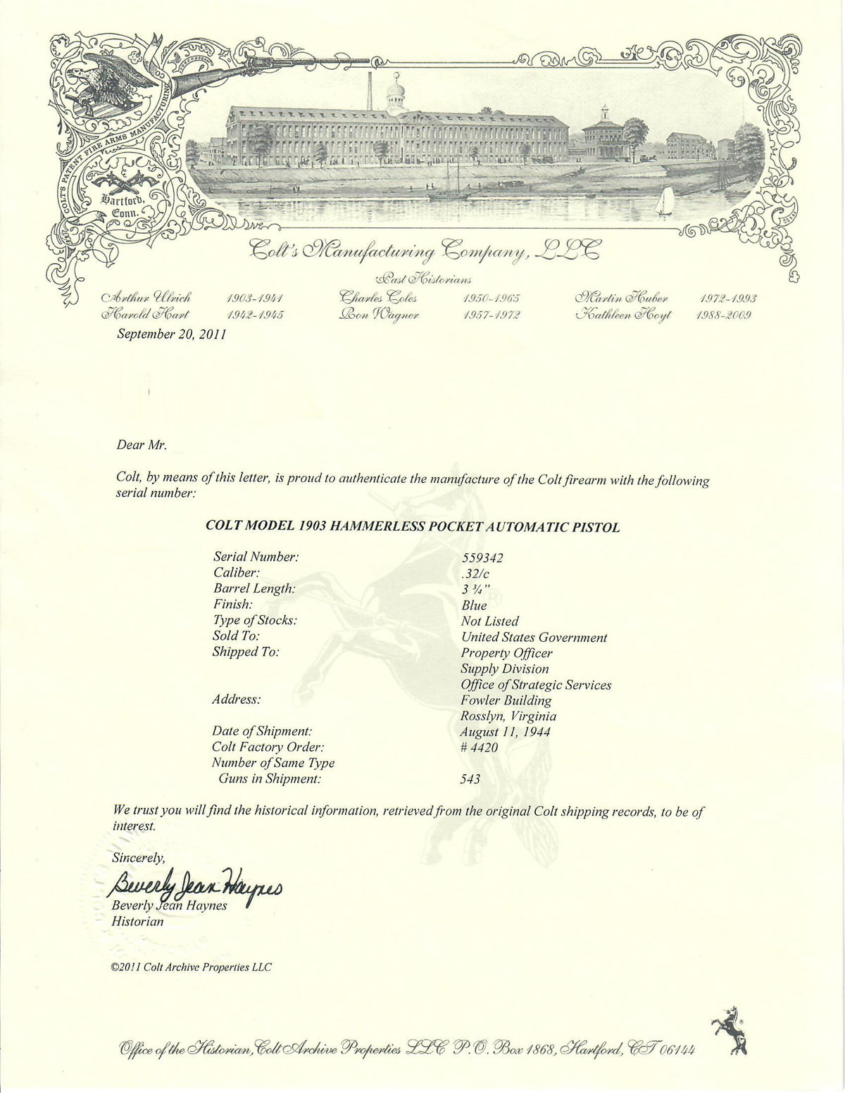 Colt 1903 Pocket Hammerless 32ACP SN:559342 MFG:1944 OSS
