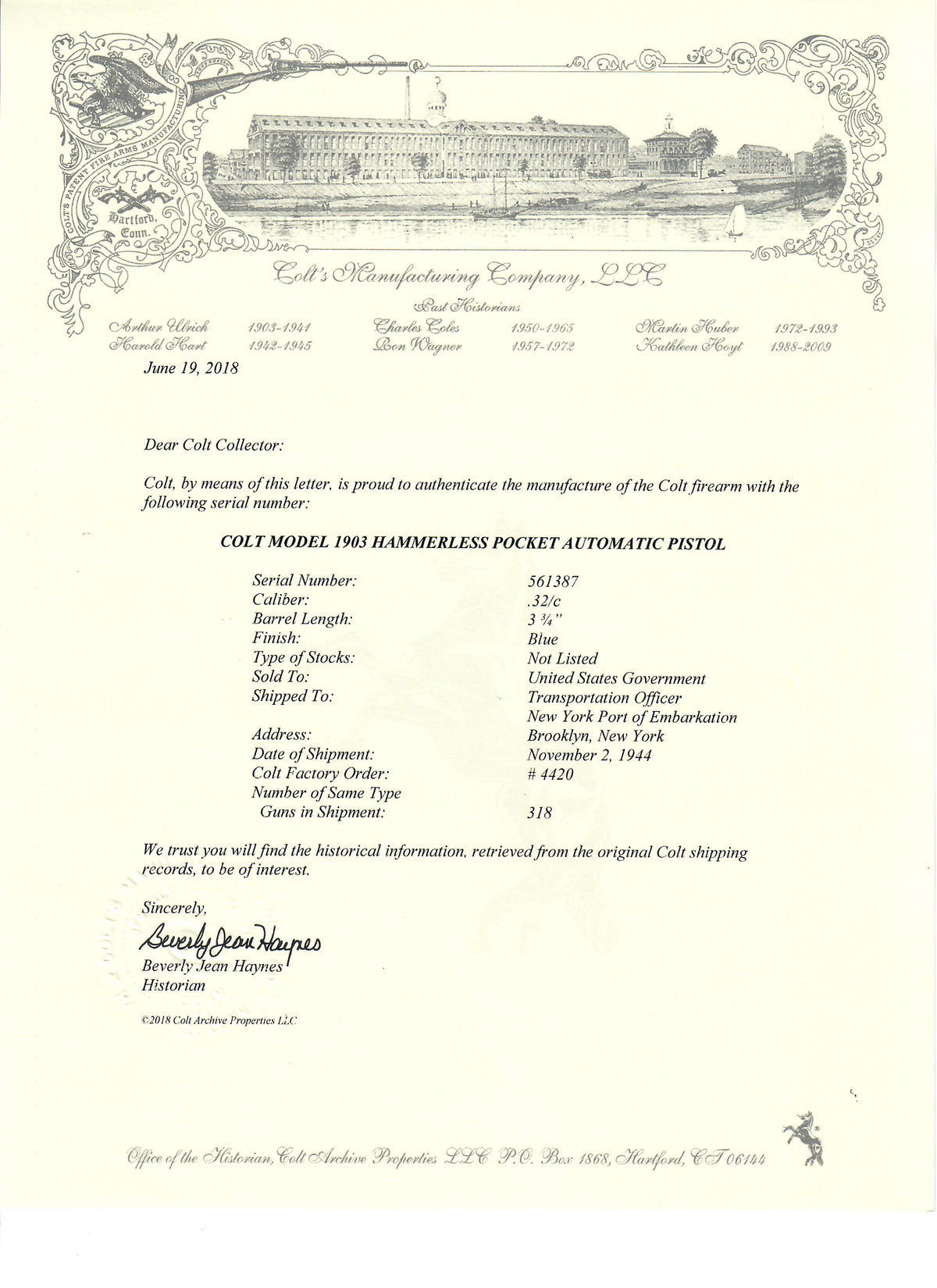 Colt 1903 Pocket Hammerless 32ACP SN:561387 MFG:1944 - Chandler Presentation