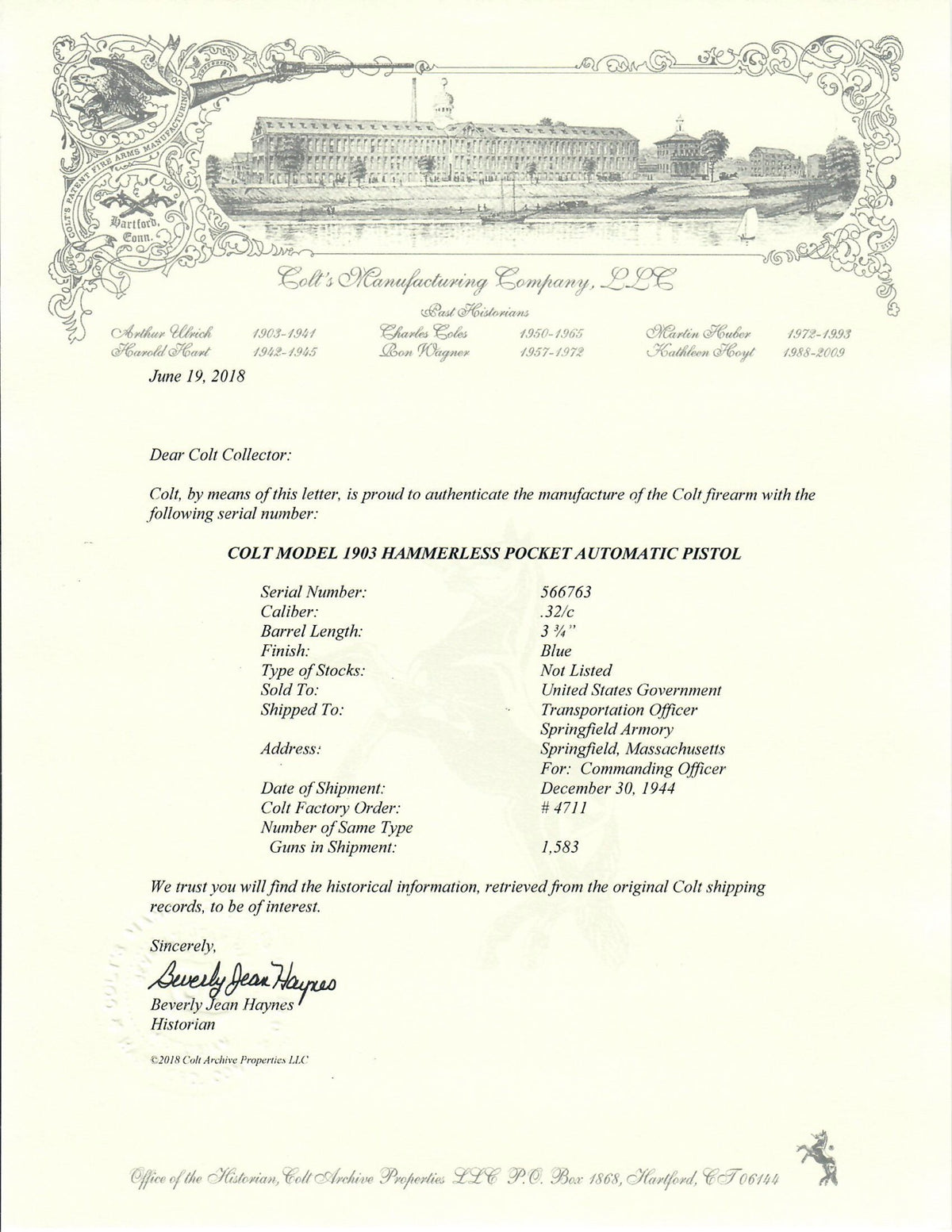 Colt 1903 Pocket Hammerless 32ACP SN:566763 MFG:1944