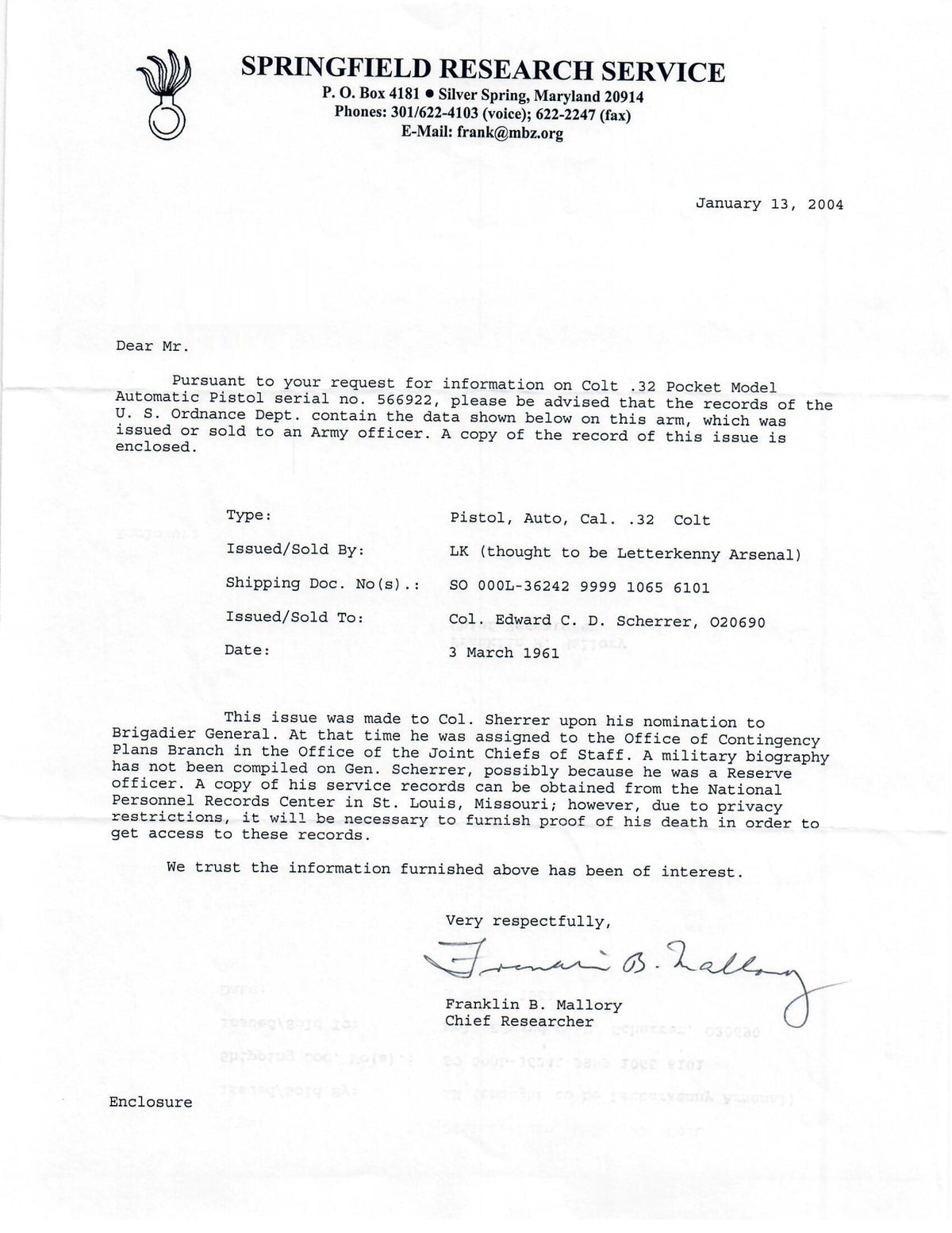 Colt 1903 Pocket Hammerless 32ACP SN:566911 MFG:1944 - Brigadier General Scherrer