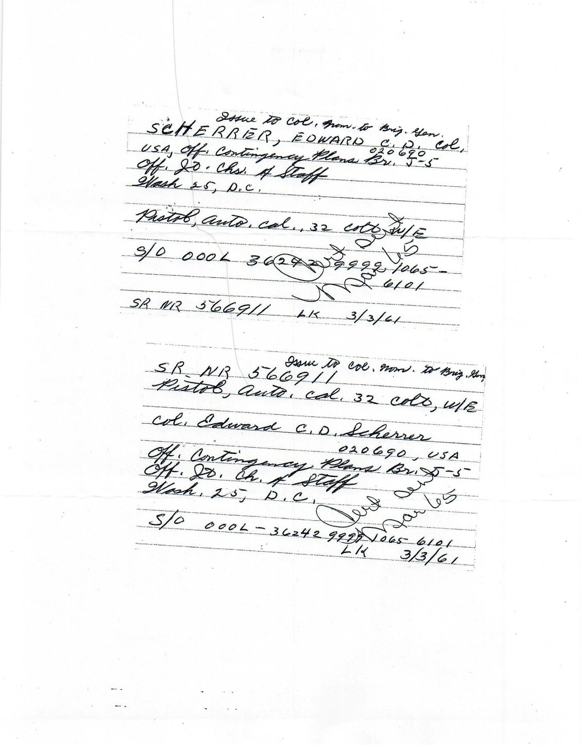 Colt 1903 Pocket Hammerless 32ACP SN:566911 MFG:1944 - Brigadier General Scherrer