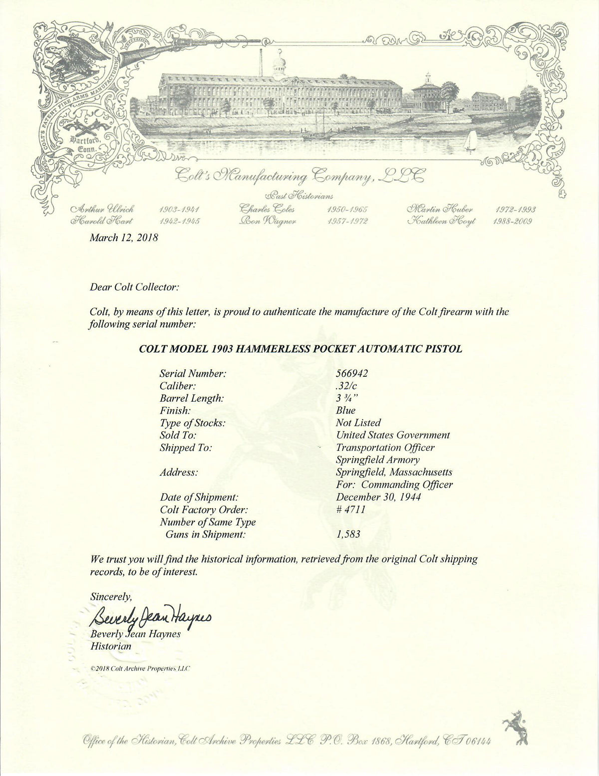 Colt 1903 Pocket Hammerless 32ACP SN:566942 MFG:1944