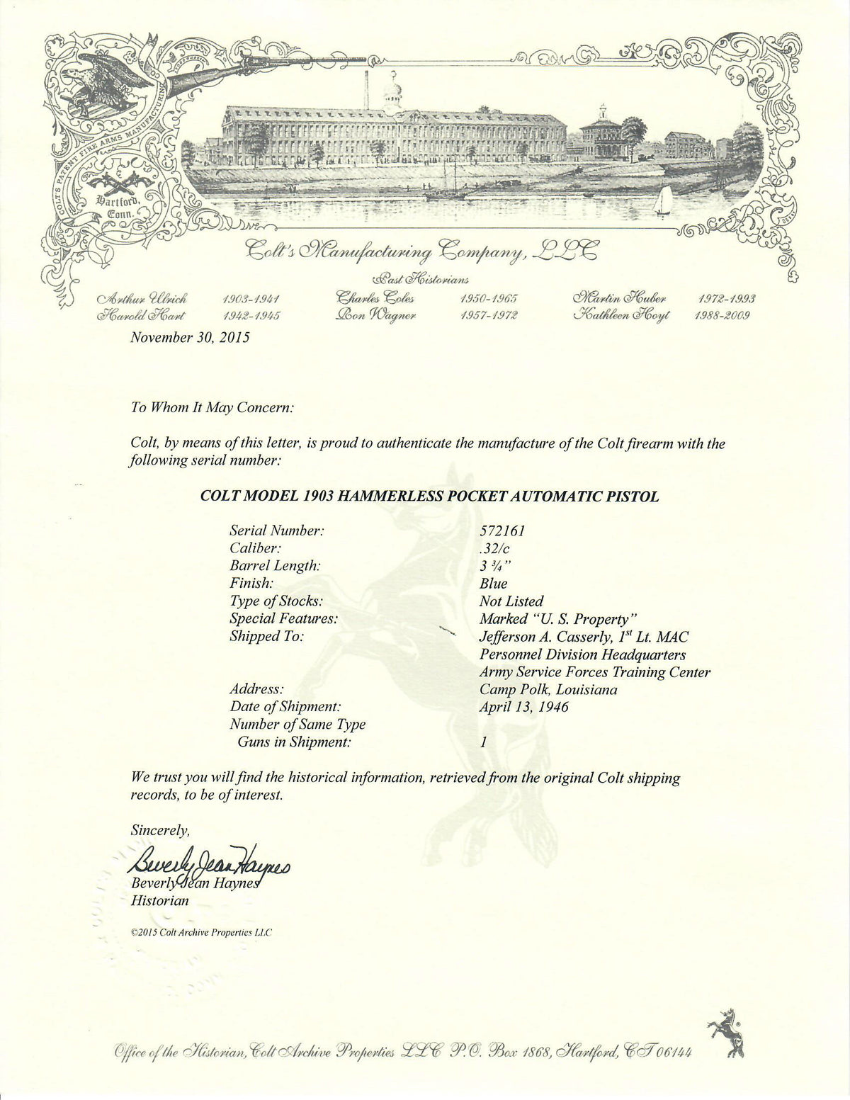 Colt 1903 Pocket Hammerless 32ACP SN:572161 MFG:1946 Army Service Forces