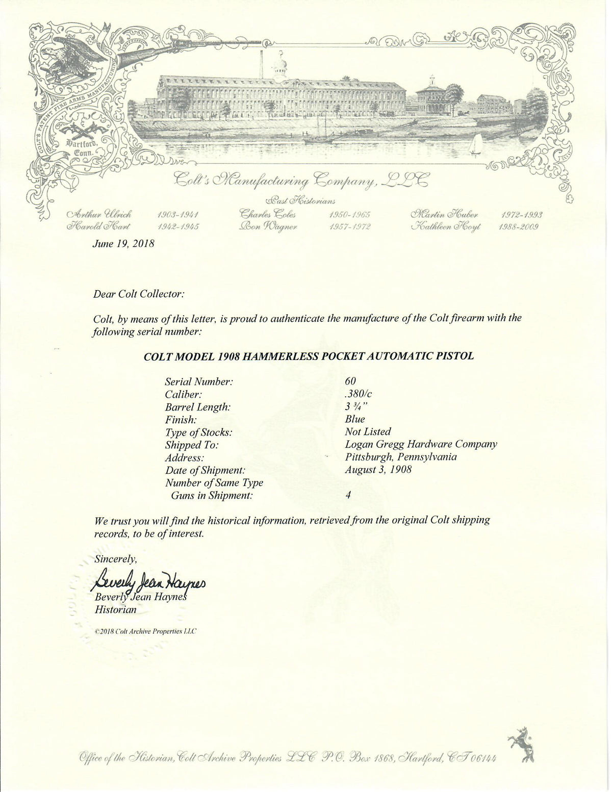 Colt 1908 Pocket Hammerless 380ACP SN:60 MFG:1908