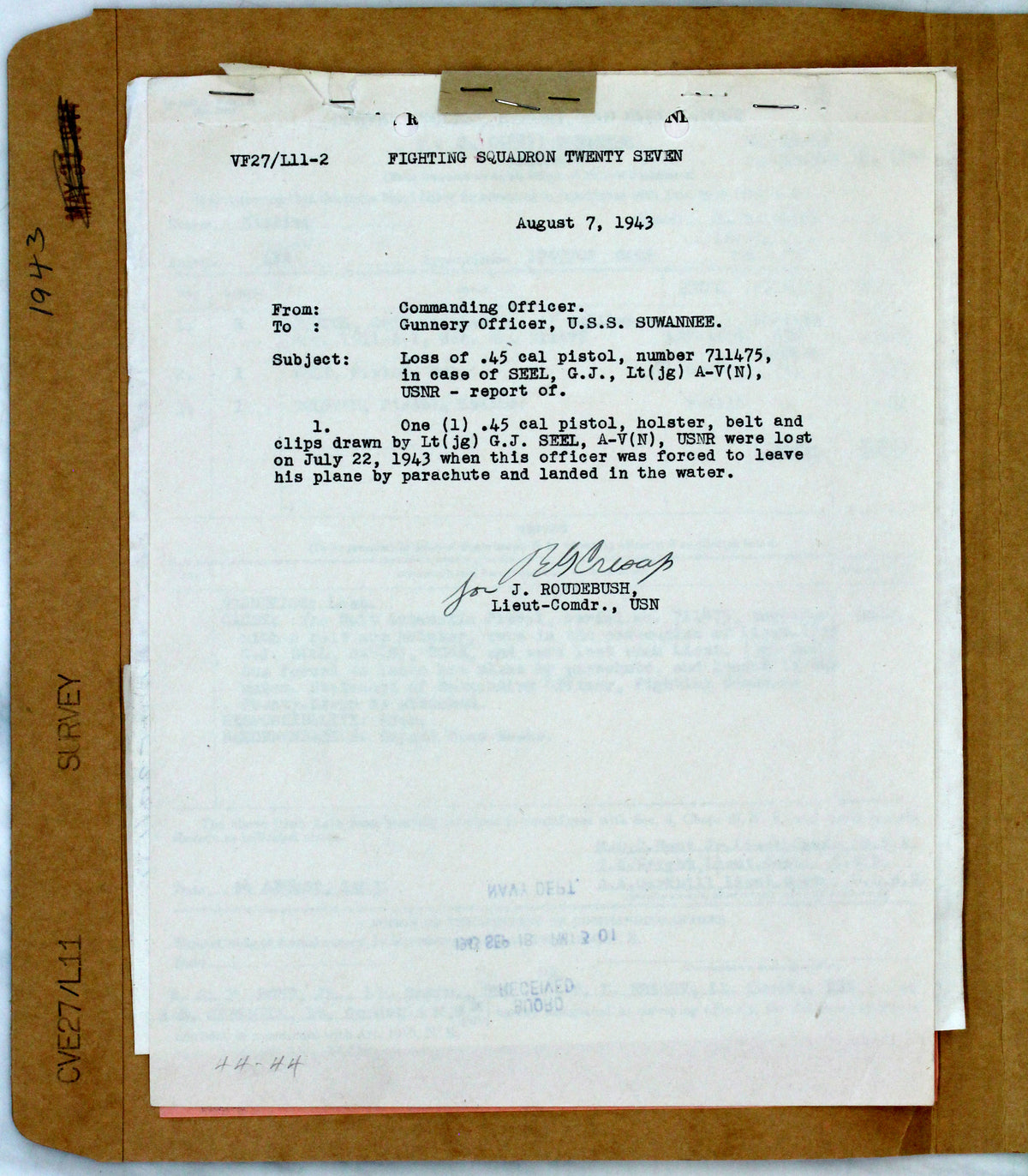 Colt M1911A1 45ACP SN:711475 MFG:1937 Navy - USS SUWANEE - Lt. George J. Seel