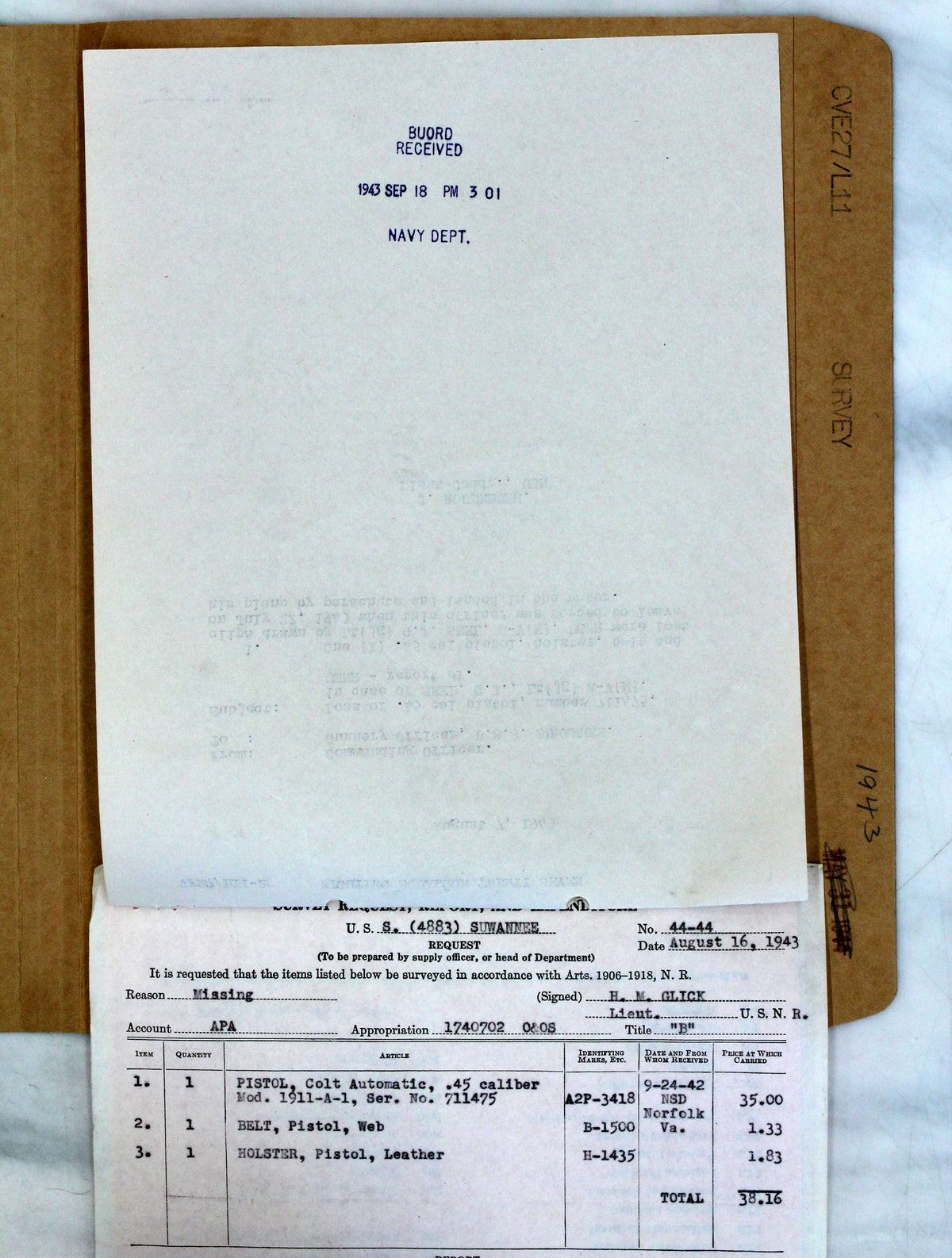 Colt M1911A1 45ACP SN:711475 MFG:1937 Navy - USS SUWANEE - Lt. George J. Seel