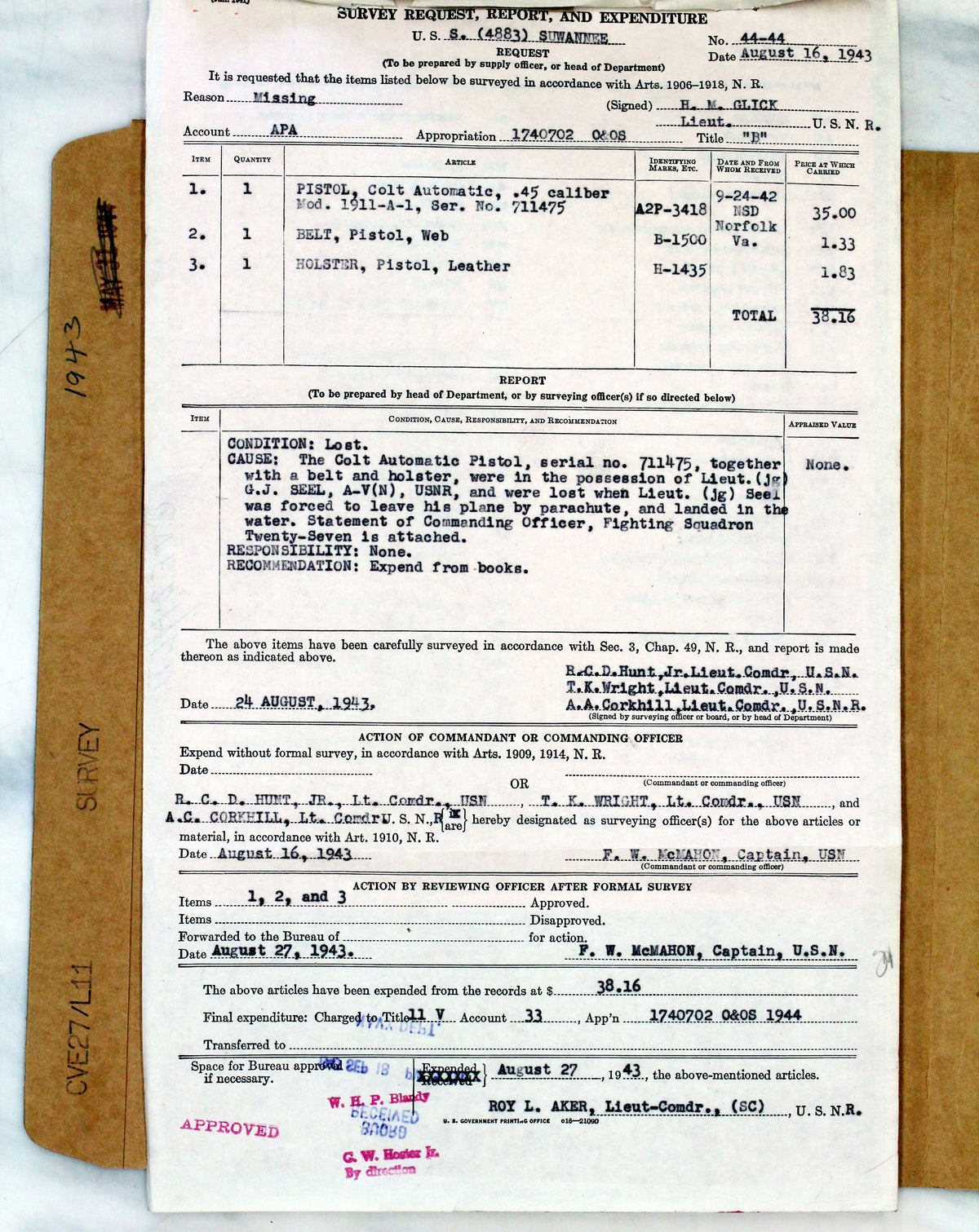Colt M1911A1 45ACP SN:711475 MFG:1937 Navy - USS SUWANEE - Lt. George J. Seel