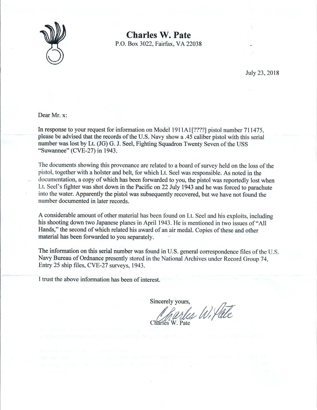 Colt M1911A1 45ACP SN:711475 MFG:1937 Navy - USS SUWANEE - Lt. George J. Seel